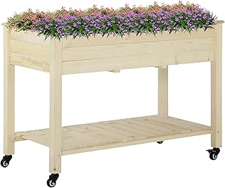 Outsunny Hochbeet mit rädern Pflanztisch Blumenkasten mit Abfluss Massivholz Vliesstoff Natur 118 x 55 x 83 cm