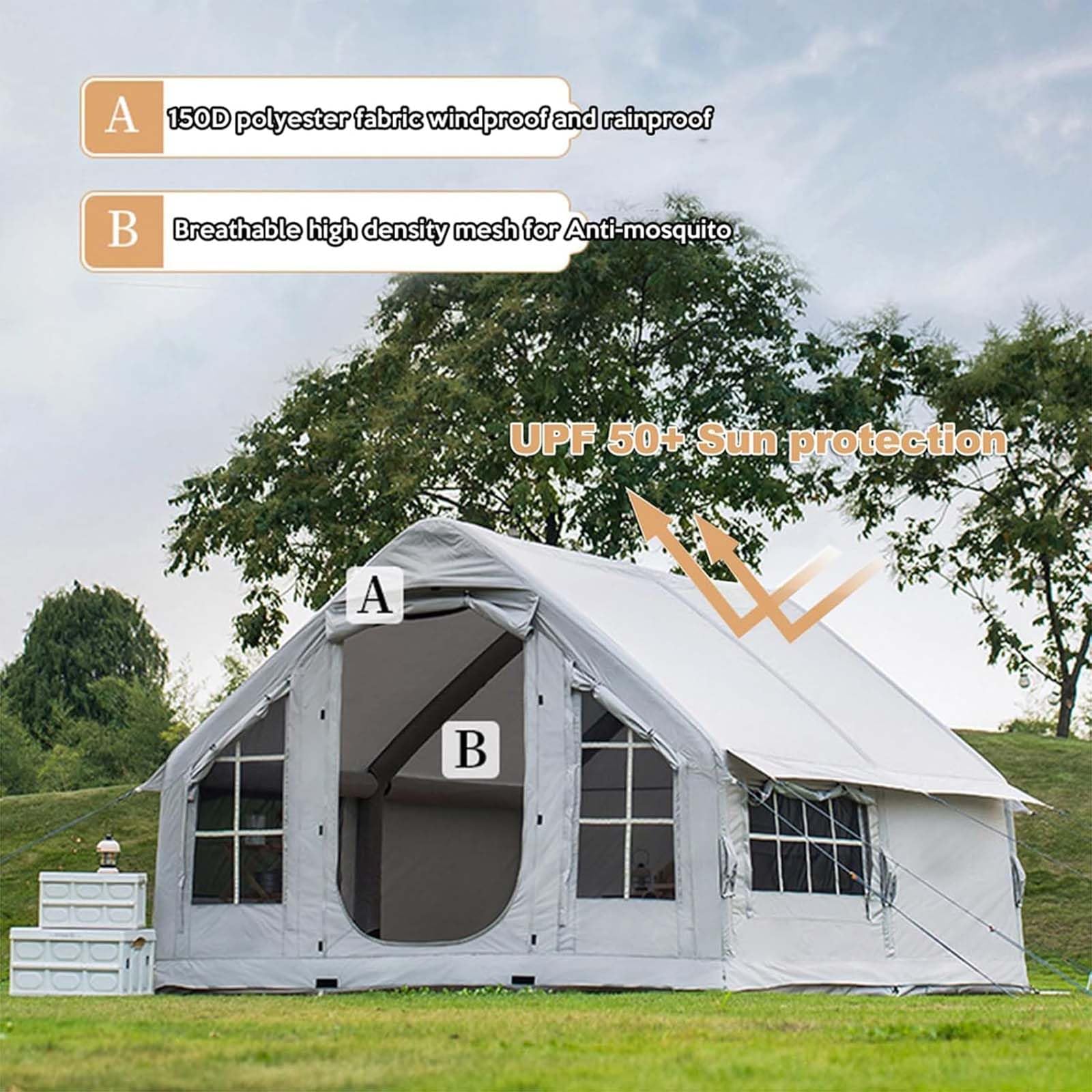 Tenda da campeggio gonfiabile per 6-8 persone, facile da installare, con pompa manuale, finestre in rete, foro per cric per stufa, perfetta per avventure all'aria aperta