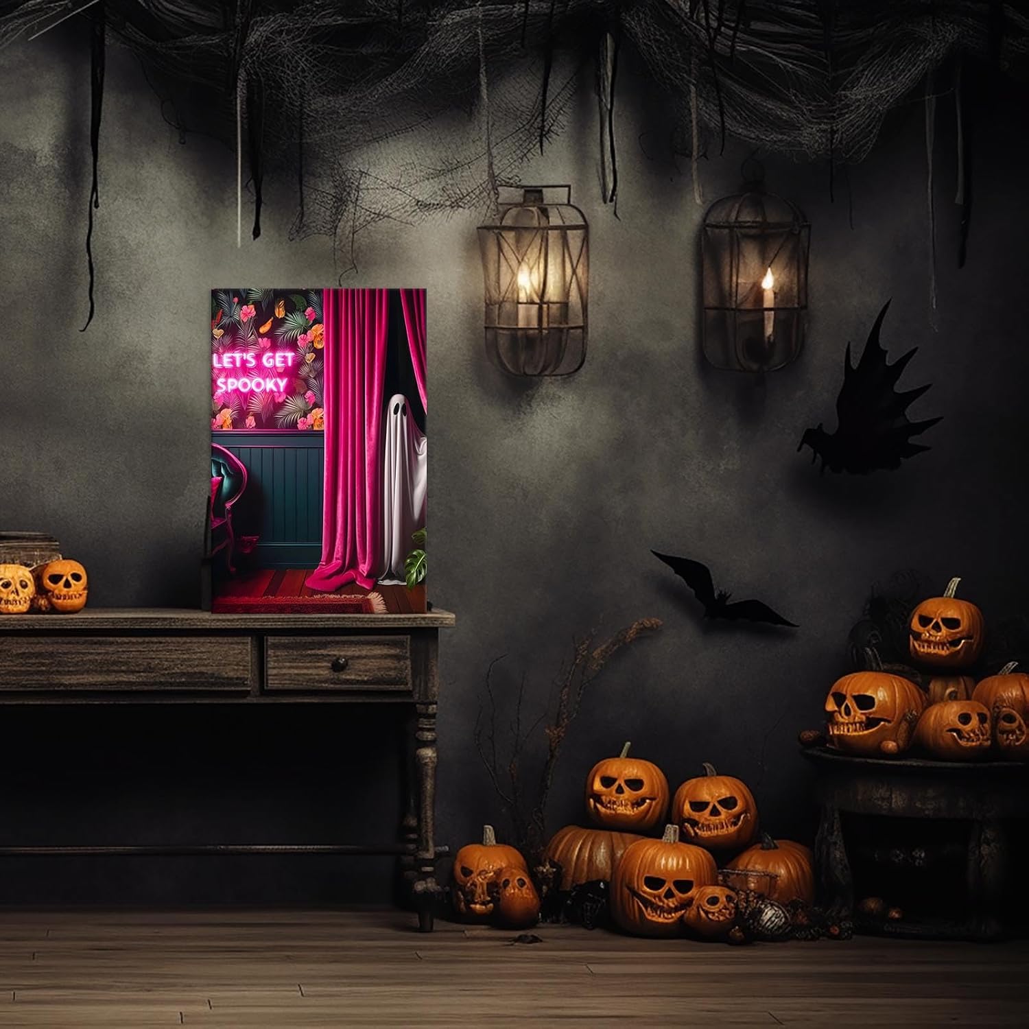 WCLXISC Cute Ghost Posters Let's Get Spooky Pink Neon Sign Print Gothic Feature Wall Art Decor Maximalist Gallery Wall Ideas Humor Halloween Decorations for Party Office Home Decor 12X16inch Framed