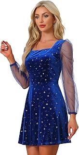 Women's Sparkly Glitter Velvet Mesh Sheer Sleeve Star Metallic Dress - Buy now