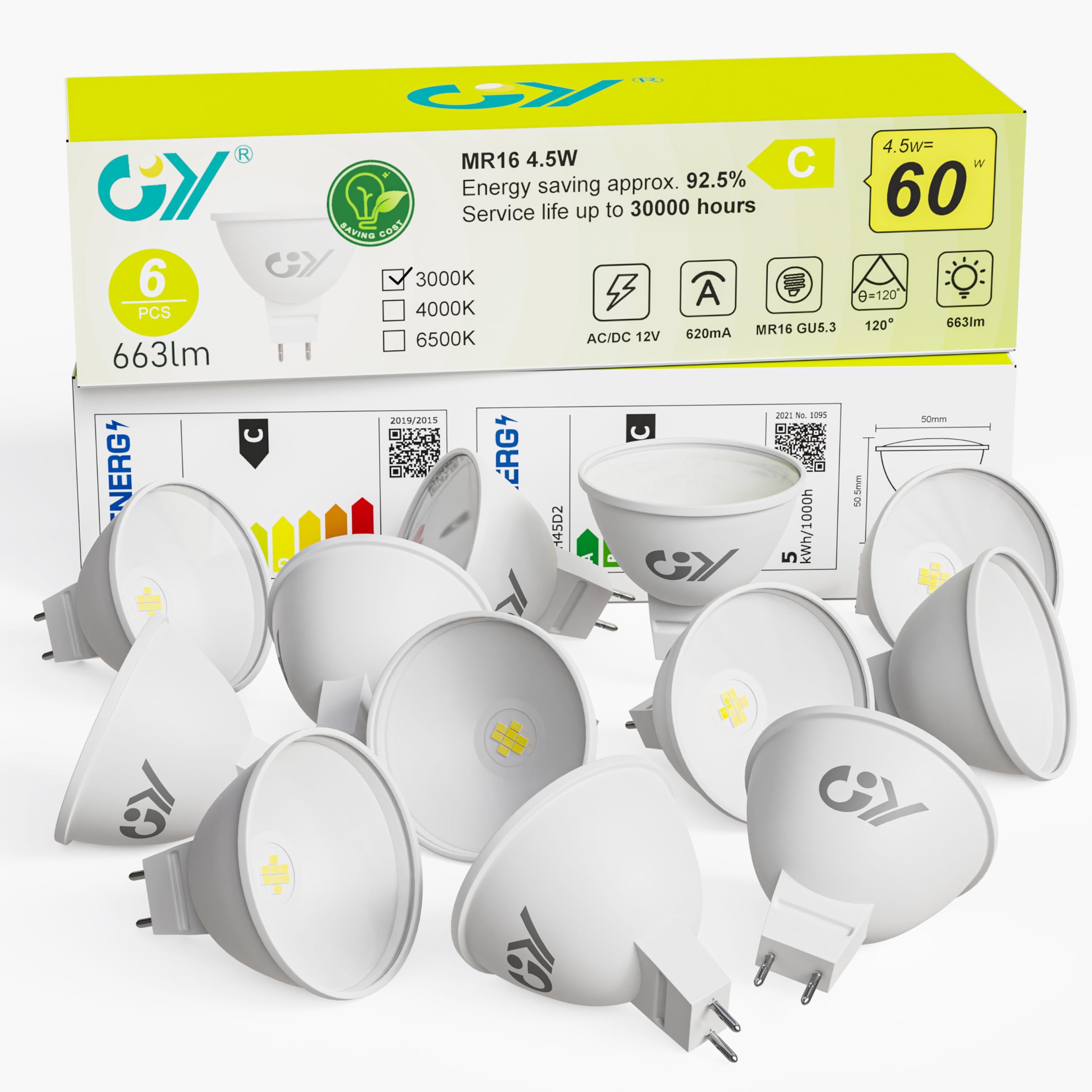 GY MR16 LED Bulbs Warm White 3000K Light Bulbs, GU5.3 Energy Saving 4.5W 663 Lumen Replaces 60W, 120°Beam Angle,Non-Dimmable,12 Pack.