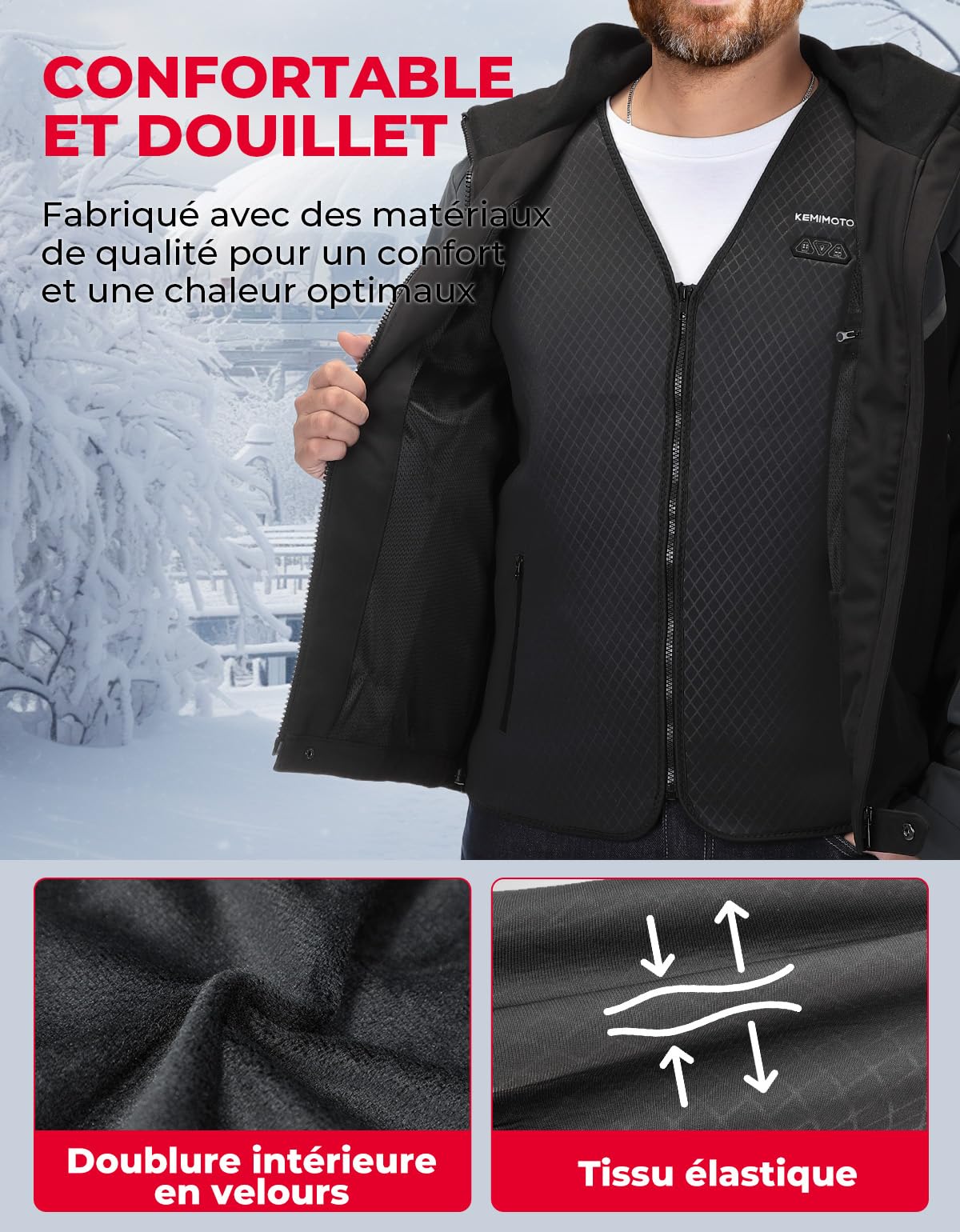 KEMIMOTO Gilet Chauffant Homme, 6 Zones de Chaleur et 3 Niveaux de Chauffage, Tissu de Plongée et Doublure en Velours Cristal pour Ski Pêche et Moto(Sans Batterie)