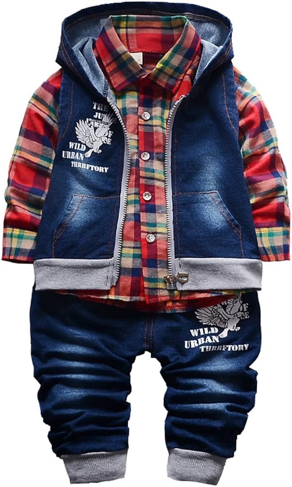 Yao9M-5T Spring Autumn Baby Boys 3pcs Clothing Set Cotton Shirt Jeans Denim Vest