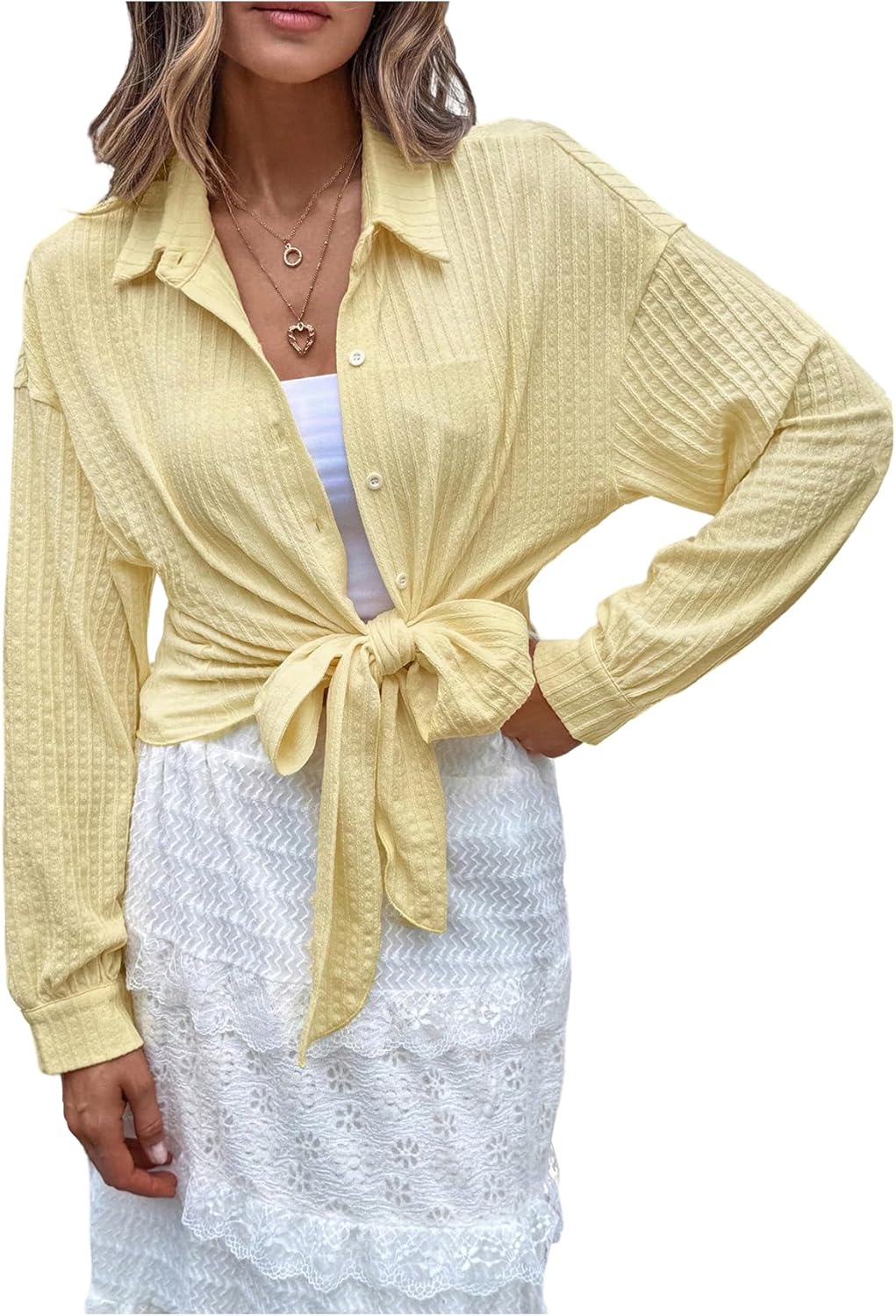 SHENHE Women's Button Down Shirt Long Sleeves Loose Fit Collared Blouses Casual Textured Top