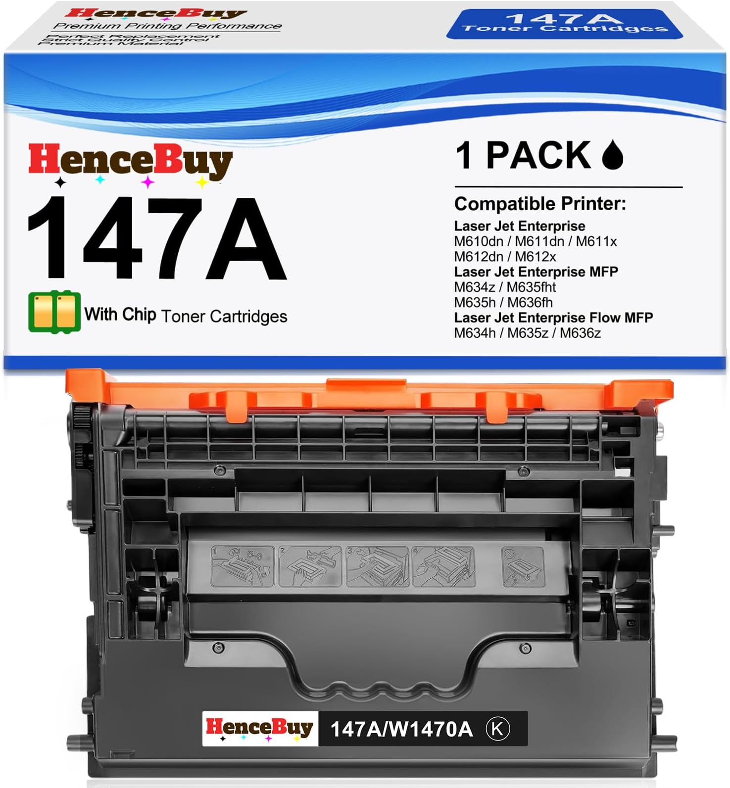 147A Black Toner Cartridge (with Chip) Replacement for HP 147A 147X W1470A W1470X High Yield Toner for HP Enterprise M610 M611 M612 MFP M634 M635 M636 M610dn M612dn M612x M635fht M635h Printer-1 Pack