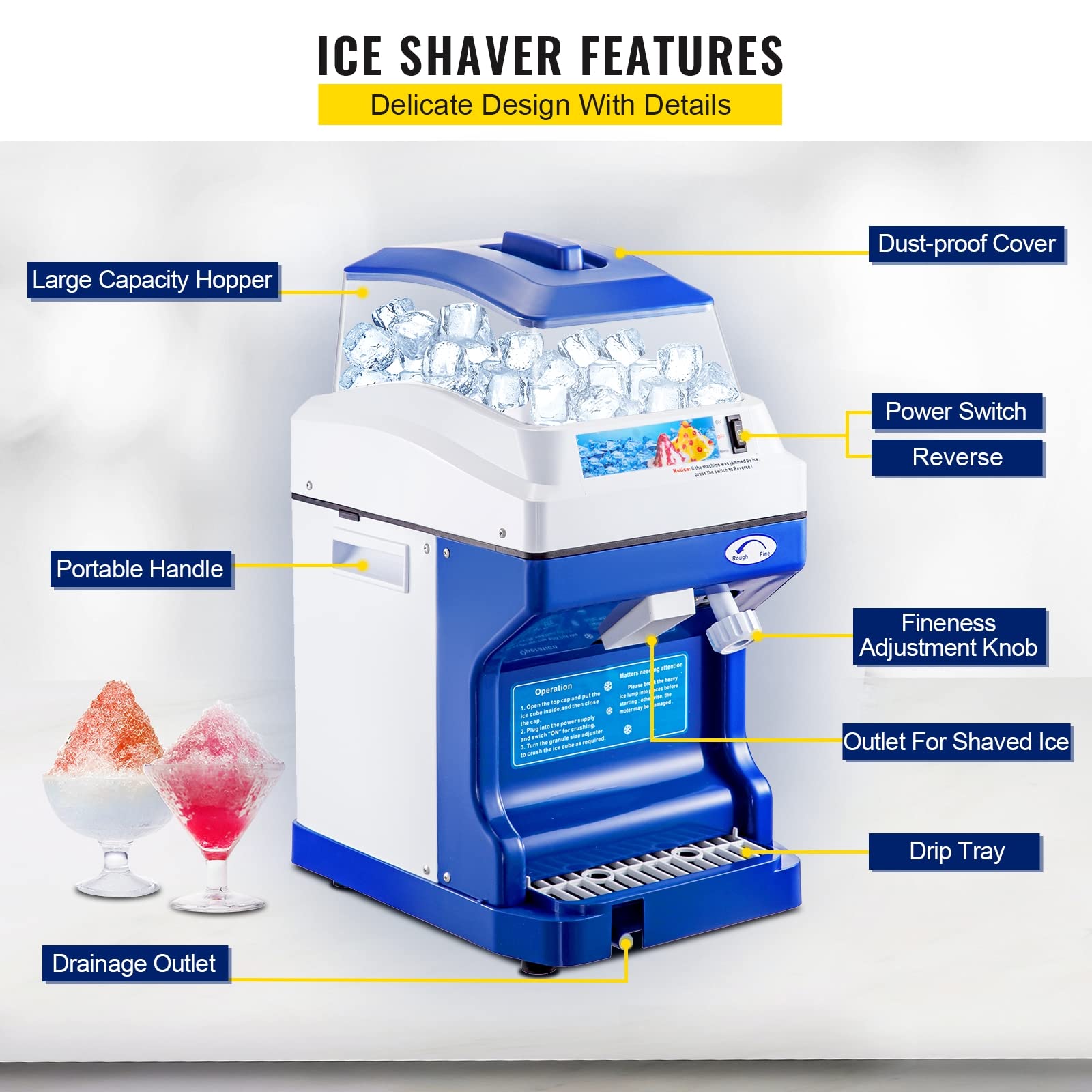 Macchina elettrica per tritaghiaccio per tritaghiaccio Cono di Neve Ghiaccio congelato per tritare Granite Macchina per Catering Spessore Regolabile 441 libbre/H 320 Giri/min per Bar e Negozi commer
