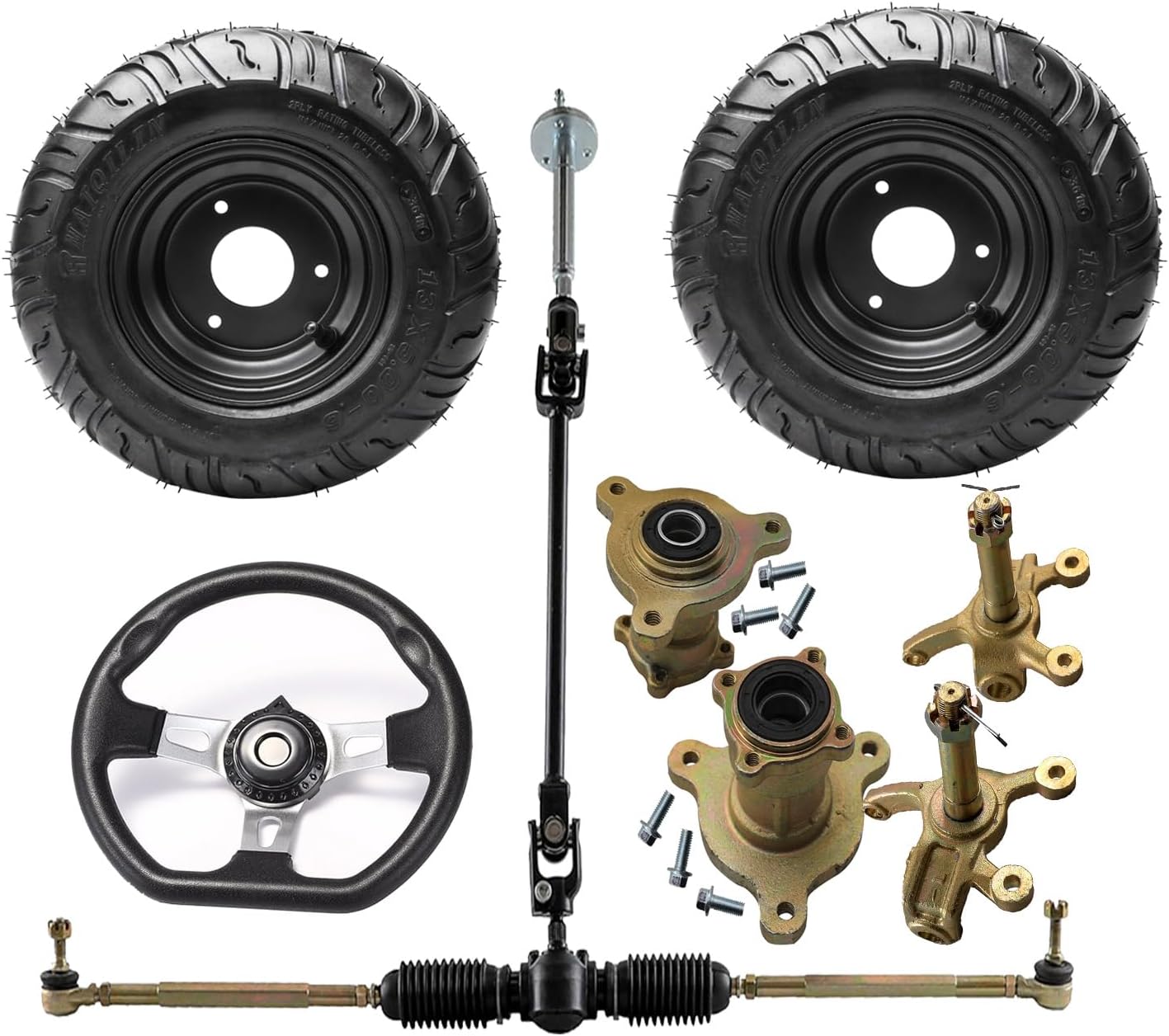 2 Pack 6 inch Go Kart Wheel 13X500-6 13x5.00-6 Tire Rim with Front Steering Wheel, Gear Rack Pinion Shaft Tie Rod Assembly, 3 Stud Wheel Hubs, Spindle Knuckle for ATV UTV Drift Trike Buggy Quad Moped