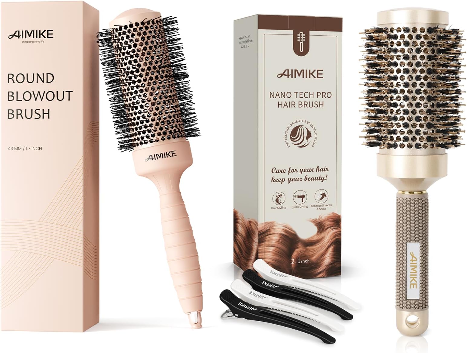 AIMIKERound Brush Set w/Nano Ion Thermal Ceramic Tech, Professional Blow Out & Styling Brush, Maximum Volume and Shine, Barrels 2.1' & 1.7'