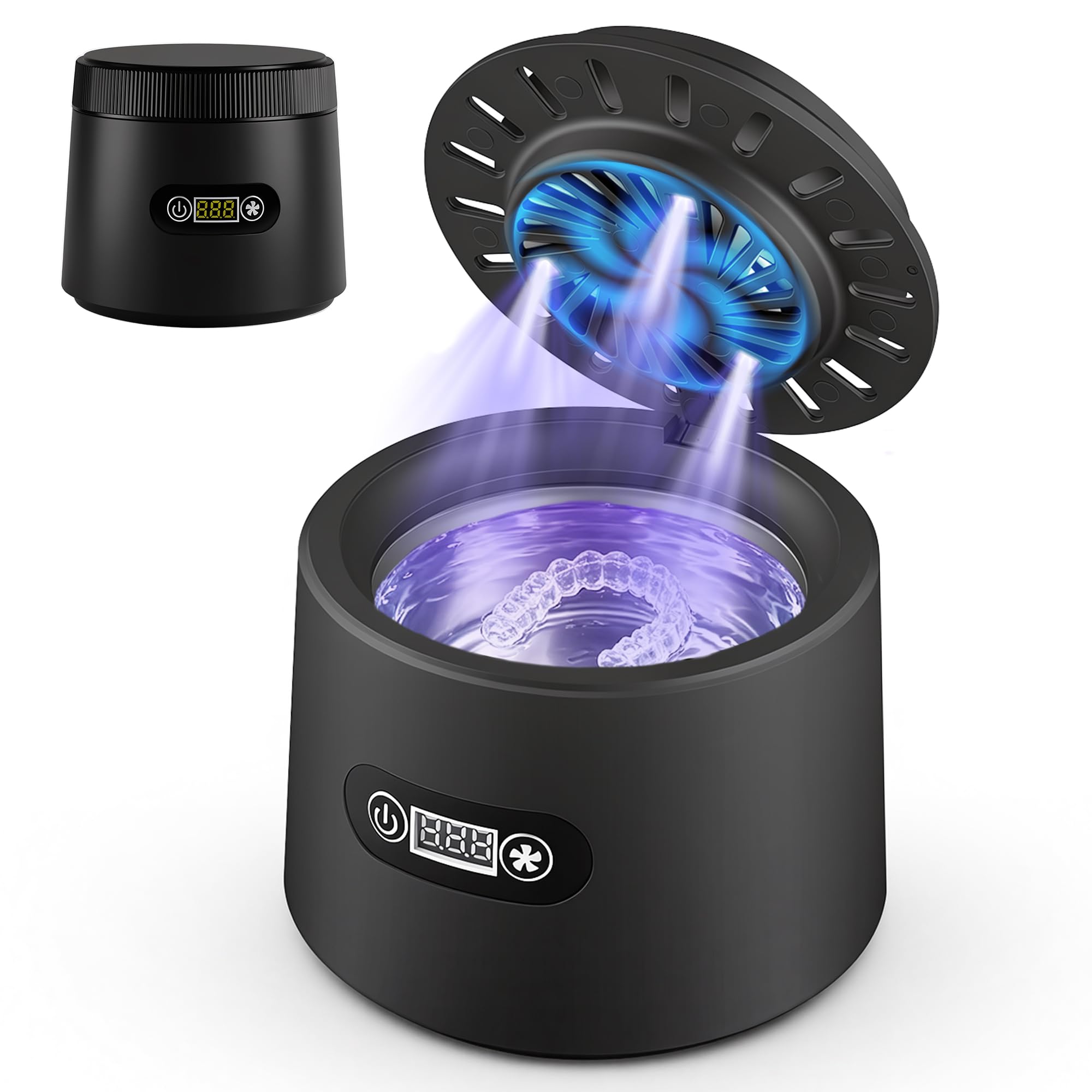 Ultraschallreinigungsgerät mit UV-Licht & Ventilator, 180ml Dental Pod für Zahnschiene & Prothese, 43kHz Ultraschallreiniger mit Schnell-Trocknung, Sanfte Reinigung von Schmuck & Schnuller, DC 12V