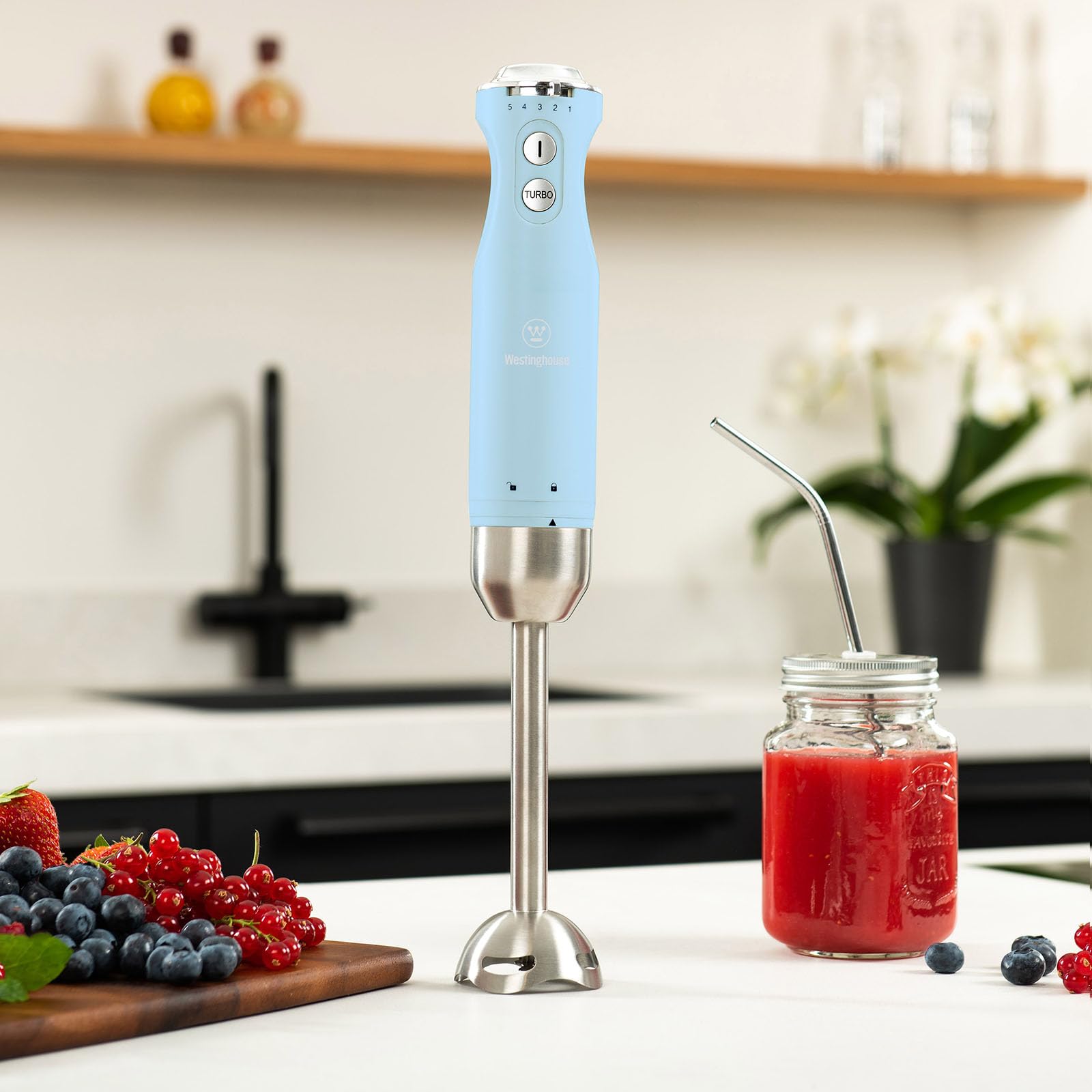 Westinghouse Rétro Mixeur Plongeant, 4 Vitesses + Turbo, Lame en Acier Inoxydable, Pied Mixeur Amovible, Poignée Ergonomique, 600 W, Bleu Clair