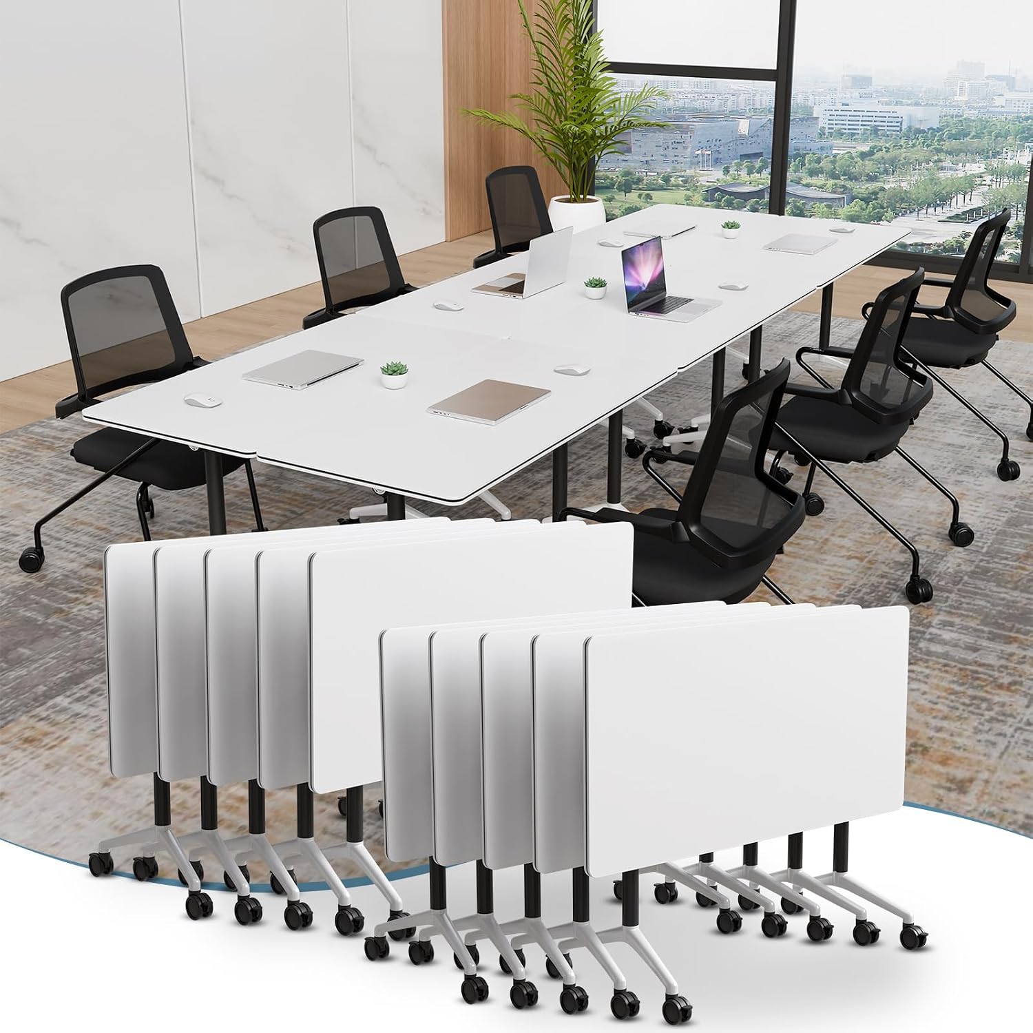 Folding Conference Table, Modern Foldable Conference Room Tables for 6-12 Person, Flip Top Mobile Training Table with Wheels, Modular Seminar Meeting Tables for Office (4, Grey, 61)