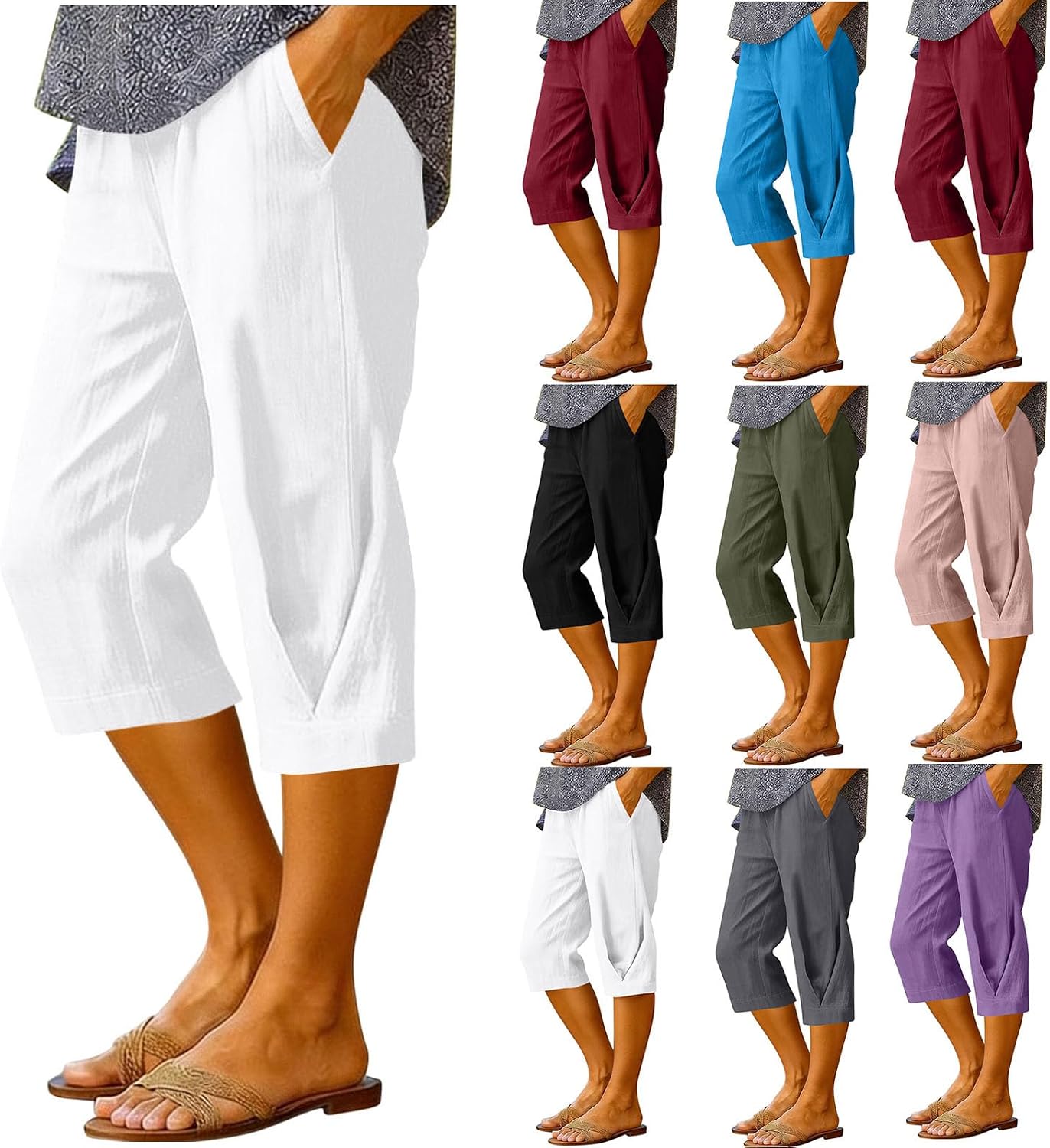 Women's High Waist Capris Loose Wide Leg Pleated Side Casual Crop Pants Quick Dry Baggy Capri Cotton Beach Outfits