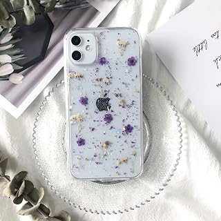 iPhone 13 Hülle Echte Blumen HandyHülle Transparent Gummi Kristall Schutzhülle Handgefertigten Bunter Getrocknete Blumenart Case Cover für Apple iPhone 13. Kleine lila Blume