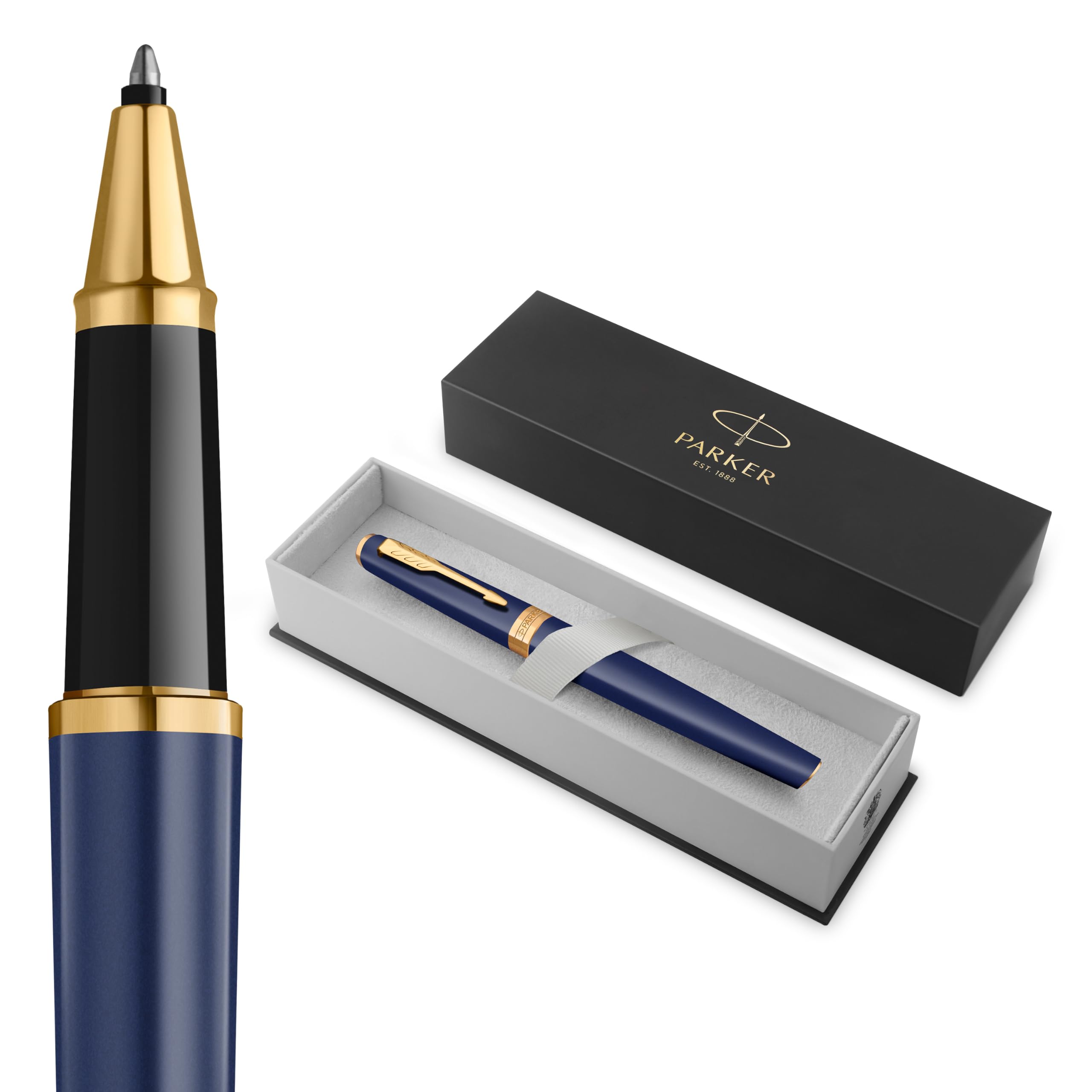 PARKER Meridian Rollerball Pen | Blue Lacquer with Gold Trims | Fine Nib | Handwriting Pens & Stationery Supplies | Black Ink | Luxury Gift Box