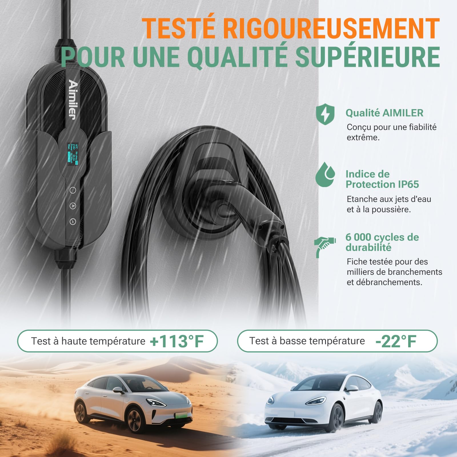 AIMILER Chargeur Voiture Electrique 11kW APP 8-16A 7,6M Borne de Recharge Véhicule Électrique Triphasé Numérique OLED IP66 avec Type 2 Compatible avec Support Mural avec Model 3/Y, EX30, et PHEVs