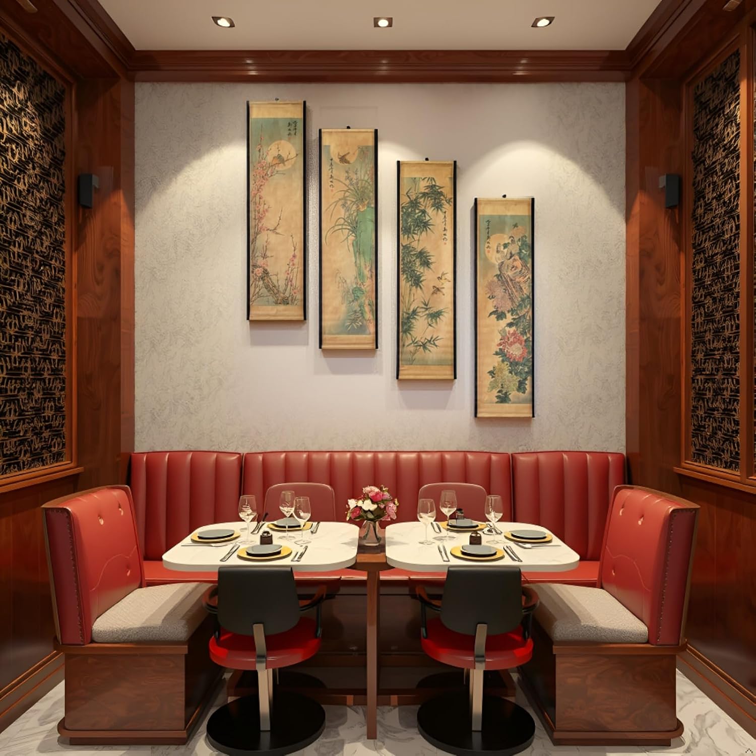 Wall Scroll Hanging Painting Decor, Chinese Traditional Art Set of 4 Vintage Flower Paintings Ancient Painting Replica, Plum Orchid Bamboo Chrysanthemum