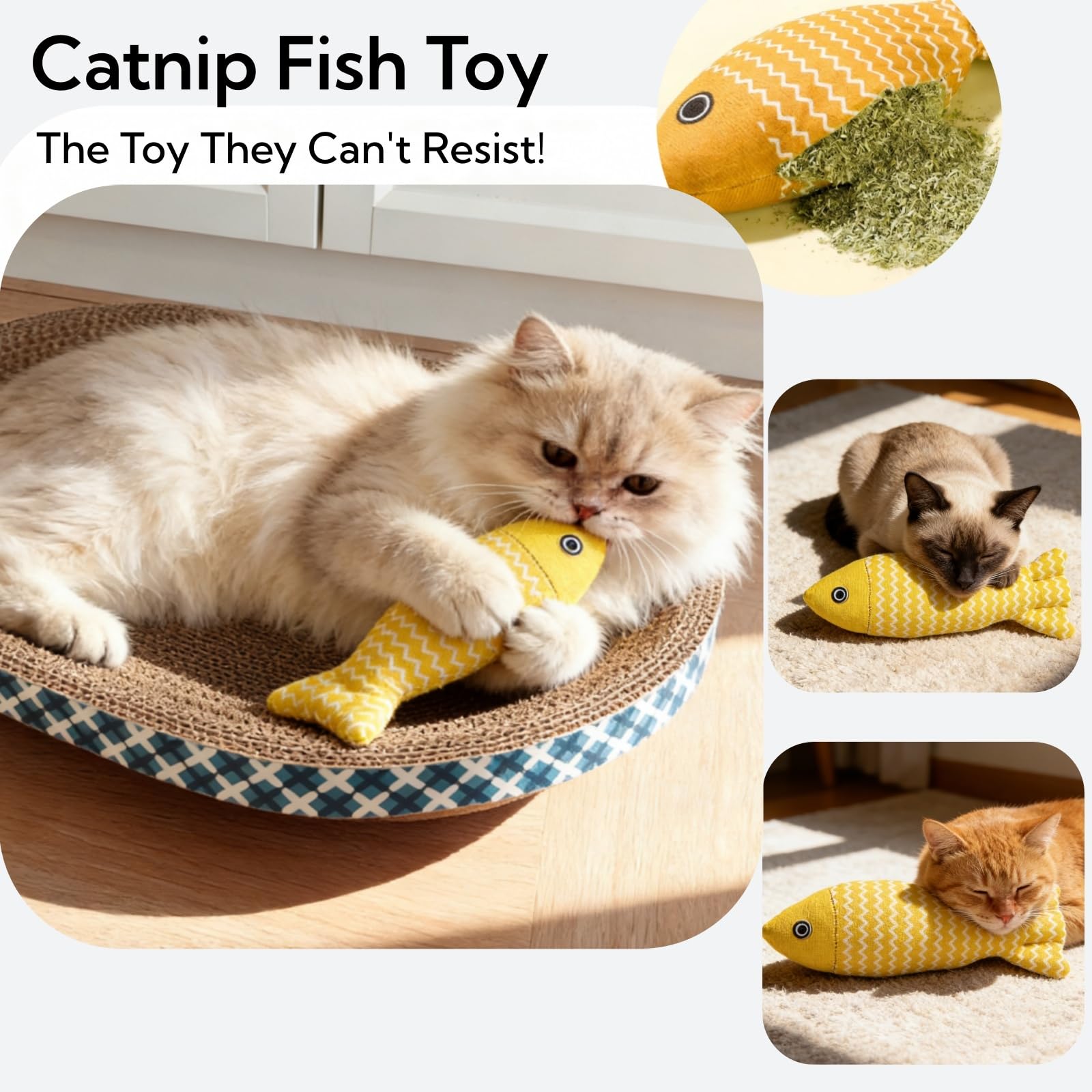 Panier Grattoir pour Chat avec Jouets, Lot de 4 Griffoirs Ovales en Carton Bol à Gratter pour Intérieur, Grand Tapis à Griffer avec Poisson à la Cataire & Plumeau, Protecteur de Meubles