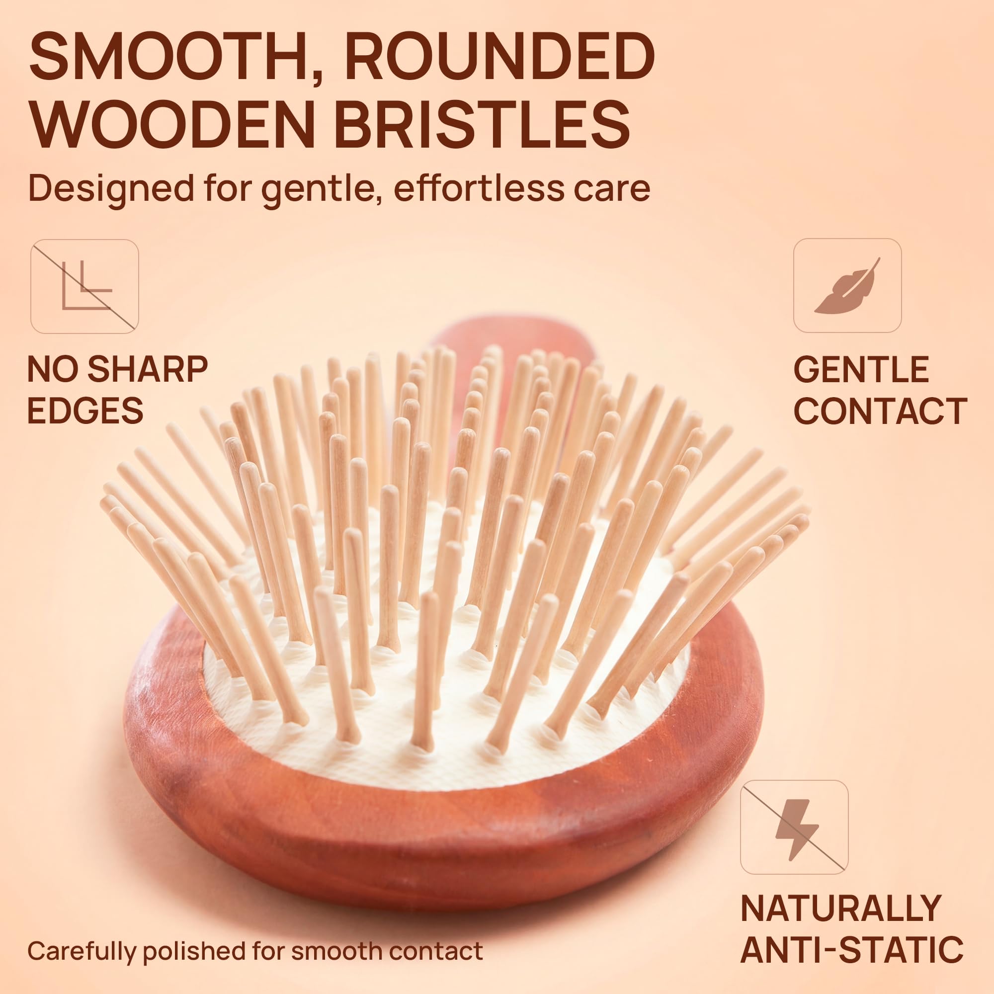 Wooden Hair Brush with Rounded Bristles, Anti-Static, Made in Germany