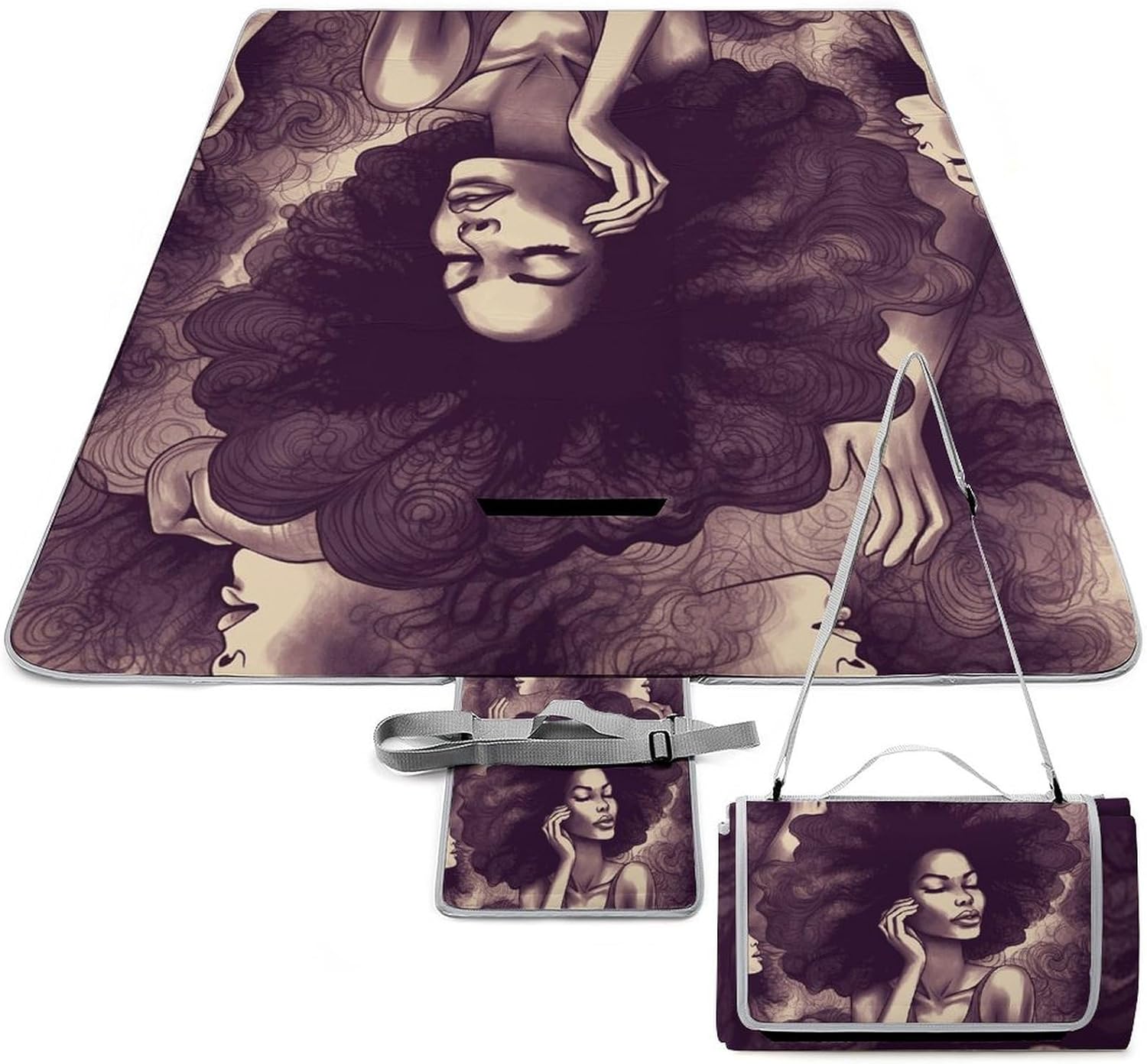 African Hair Black Women Waterproof Picnic Blanket 58.3''x58.3'',Portable and Foldable Picnic Mat with Handle,Outdoor Blankets for Lawn Park Beach Travel