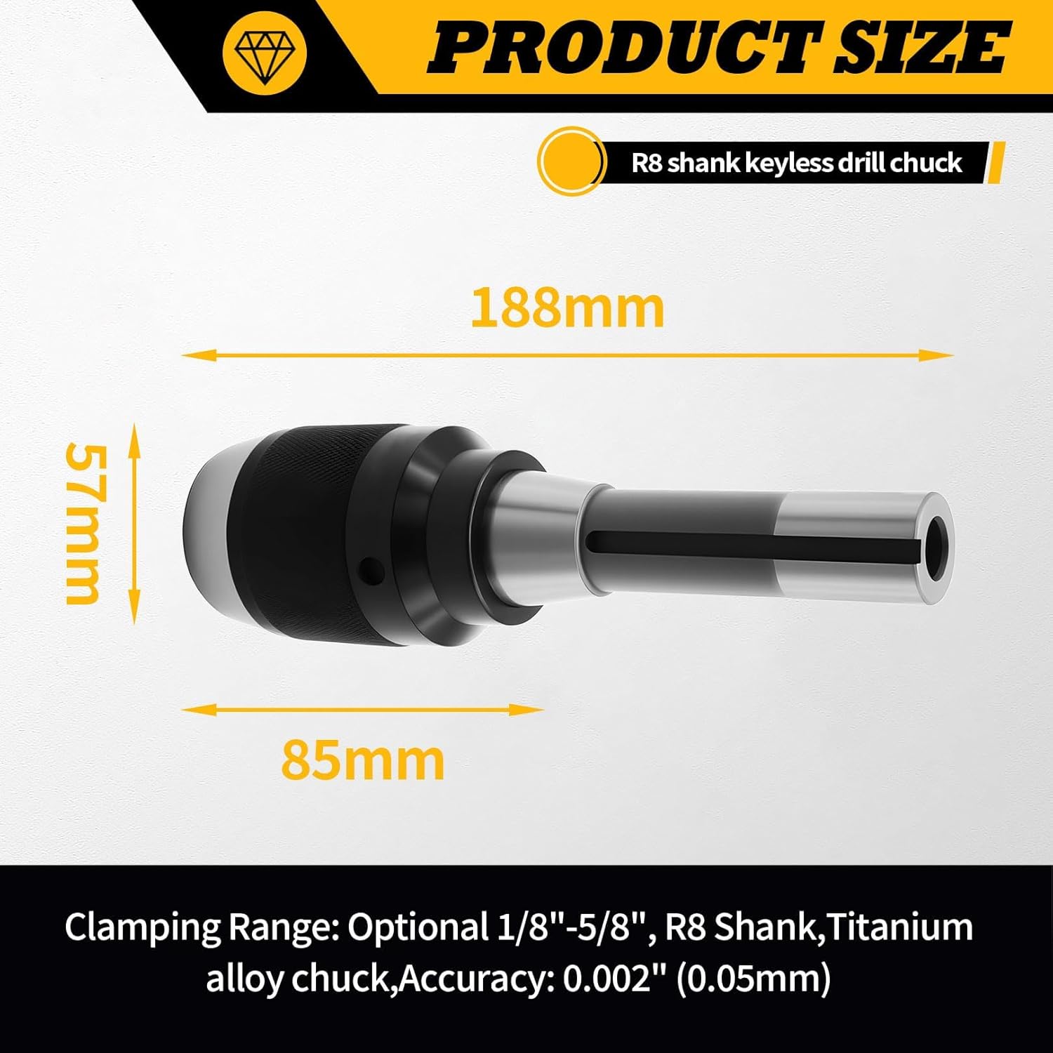 1/8"-5/8" Special Heavy Duty Keyless Drill Chuck with Integrated Shank, R8 Shank, Titanium Jaws (5/8" R8 Shank)