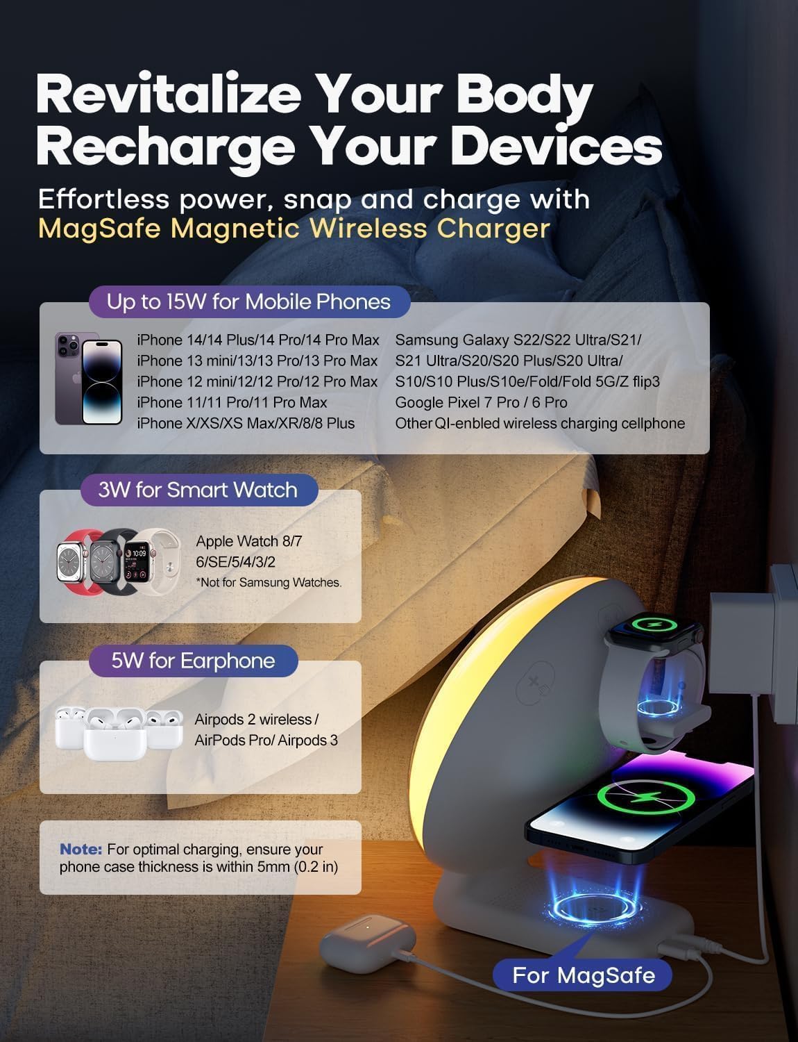 Dekala Smart Sunrise Alarm Clock with Wireless Charging for iPhone 14 13 12 Apple Watch AirPods Samsung, White Noise Sleep Sounds Machine, Nursery Night Light for Heavy Sleeper Kid
