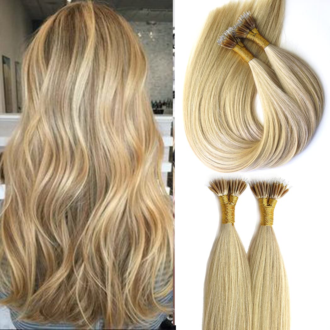 KOCONI 16 Inch Nano Ring Hair Extensions Real Human Hair Double Drawn Nano Beads Human Hair Extensions Nano Tip Hair Extensions Nano Rings Human Hair 50g 1g/Strand Ash Blonde With Light Blonde #P16/24
