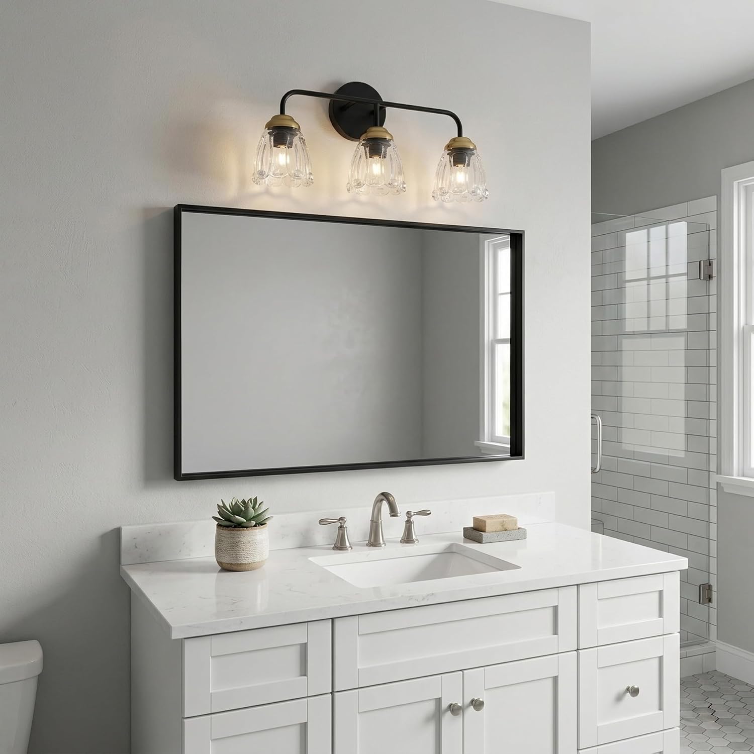3-Light Black and Gold Vanity Light with Glass Shades, E12 Base Bathroom Wall Lighting Fixture, Up/Down Mountable Modern Wall Sconce for Bathroom Mirror Bedroom Hallway