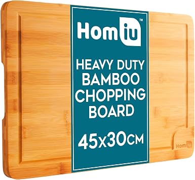Homiu Premium Wooden Chopping Boards - Organic Large 45 x 30 x 2cm - Bamboo Cutting Board for Carving Meats Cheese Vegetables - Chopping Boards for Kitchens - Wooden Worktop Protector