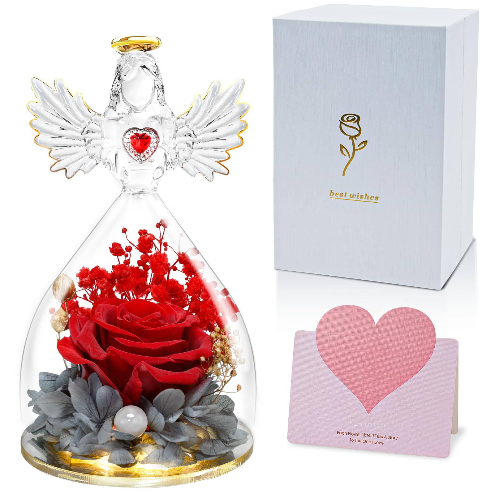 Wudyfei Mothers Day Angel Rose Gifts for Mum, Preserved Real Rose in Glass Angel Gift for Women, Eternal Rose Gifts Birthday Present for for Mum Mom Wife Grandma Nana, Red