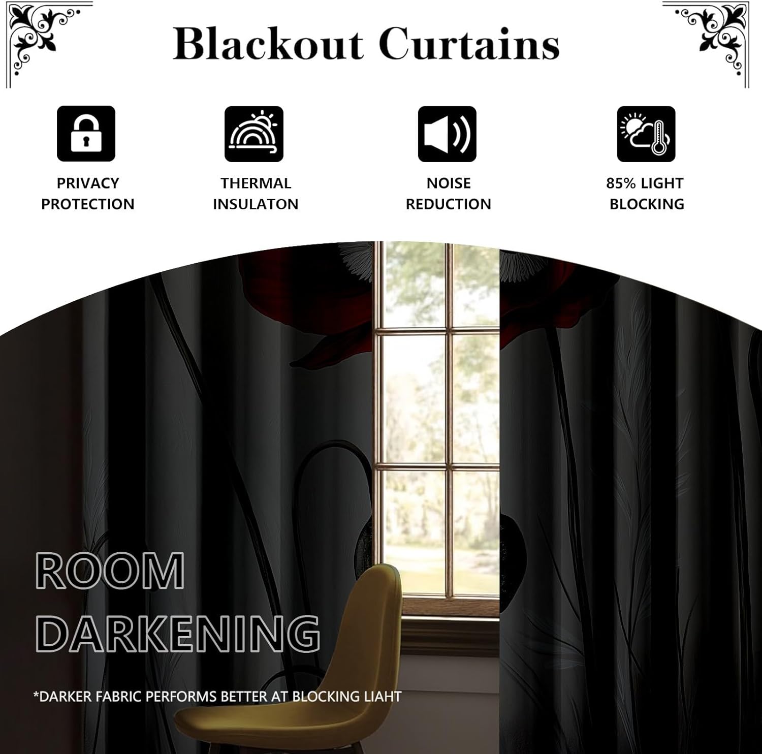 Red Poppy Blackout Curtains for Living Room, Retro Spring Garden Flower Curtains Soundproof Thermal Insulated 2 Panels Set, Nature Plant Theme Grommet Room Darkening Curtains, 42" W x 84" L