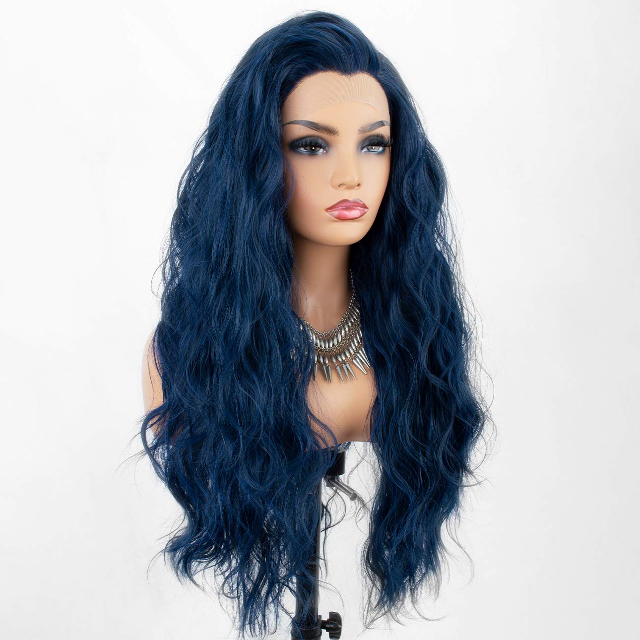 K'ryssma Blue Lace Front Wigs Wavy Long Widow's Peak Blue Synthetic Wig Heat Resistant Half Hand Tied Blue Lace Wig 22 inches