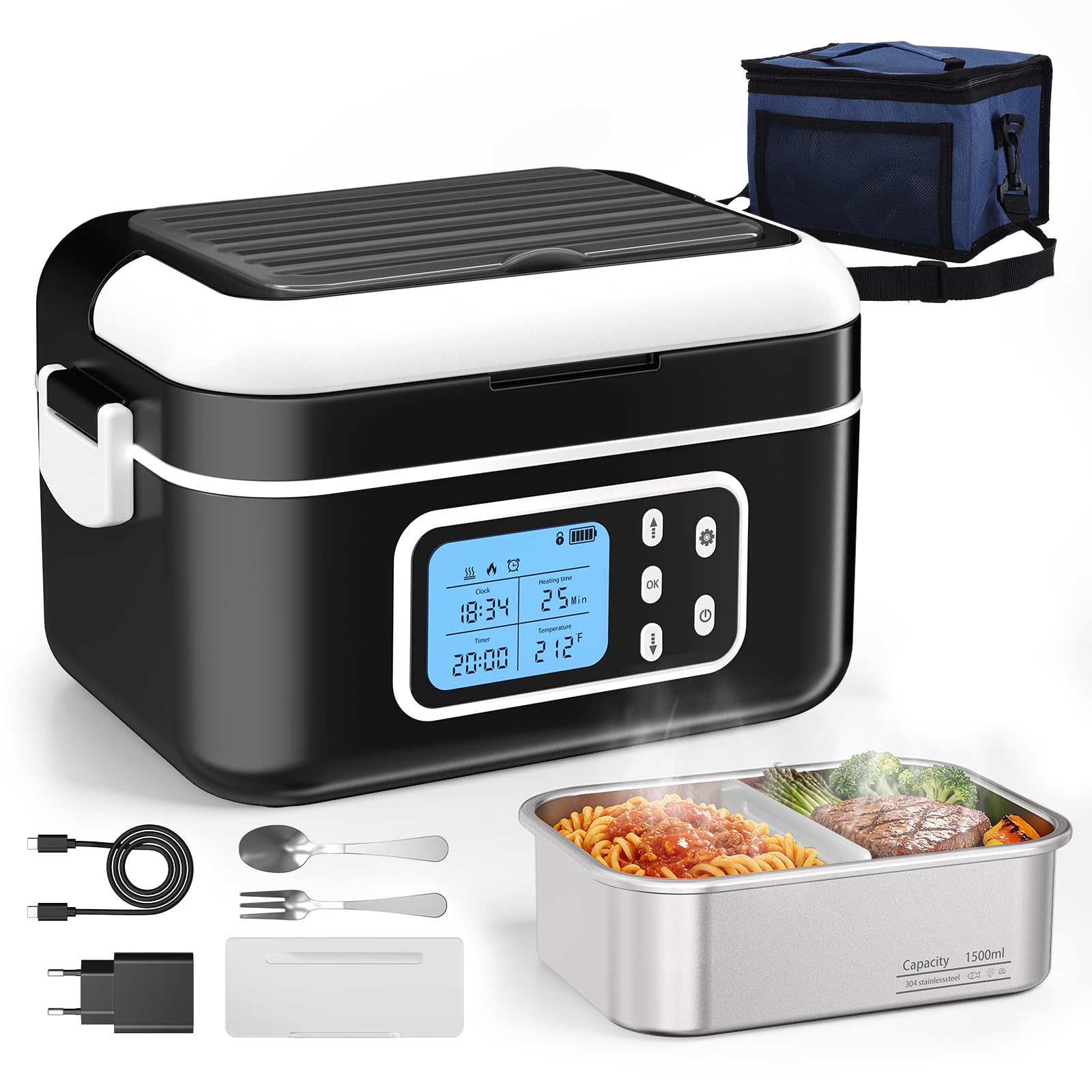 Pranzo Box Riscaldante, 1,5L Porta Pranzo Riscaldabile con Display LCD e Timer, Scalda Vivande Portatile Elettrico con Stoviglie in Acciaio Inossidabile e Borsa Termica per Auto Ufficio