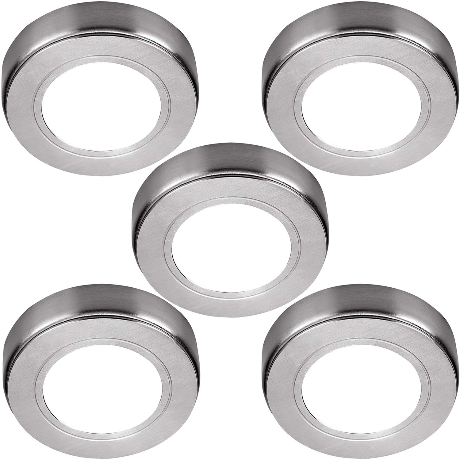 Loops 5 Pack | Bright 2.6W LED Under Cabinet Spot Lights & Driver Kit | Kitchen Worktop Countertop Cupboard Unit Down Light | Modern Round Lighting Brushed Nickel 5 Lights & Driver