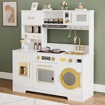 GarveeMore Children's Wooden Kitchen with Light, Sounds, Cooker and | 11-piece accessories, MDF construction, storage space, 