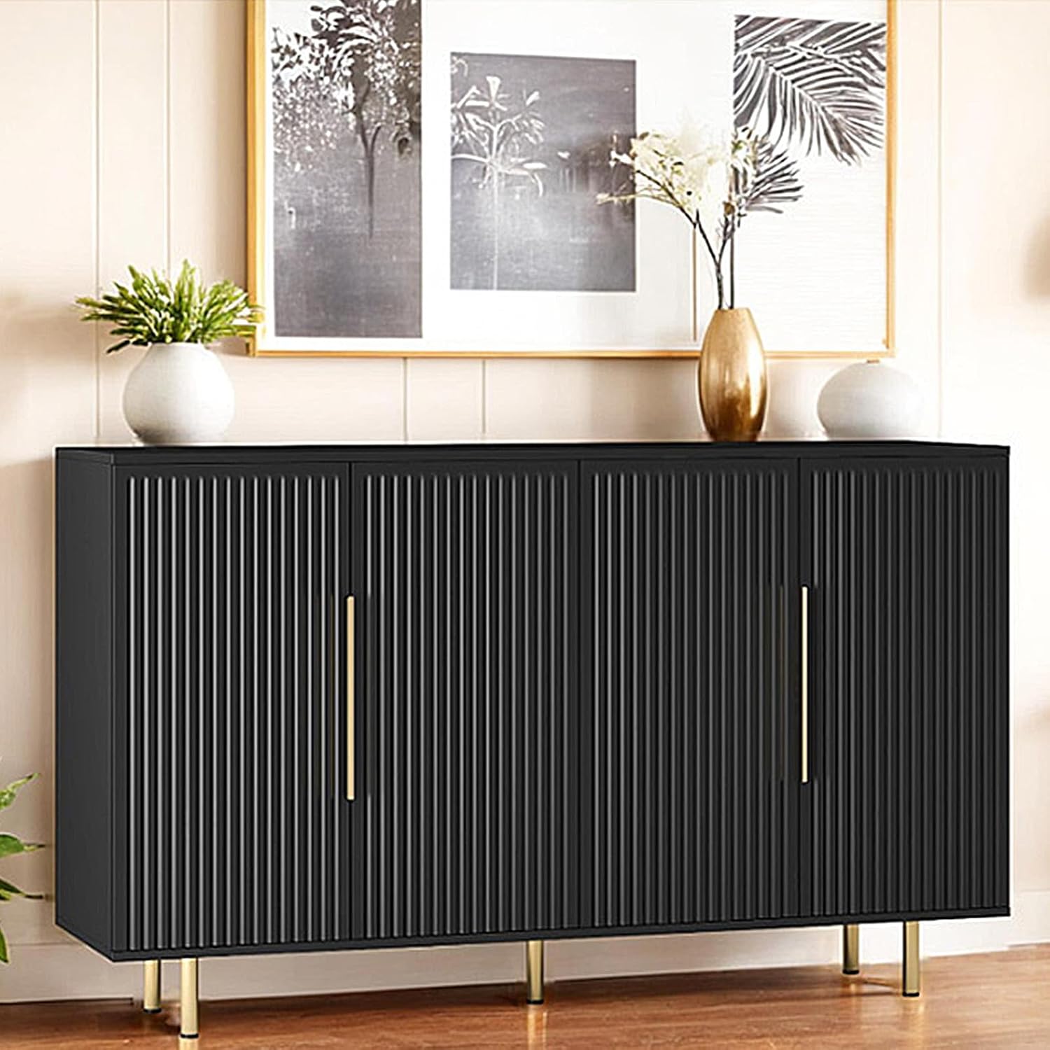Sideboard Cabinet, 56" Large Buffet Cabinet with Storage, Wood Credenza Storage Cabinet with 4 Fluted Decorative Doors and Adjustable Shelves, for Living Room, Kitchen, Entryway, Black