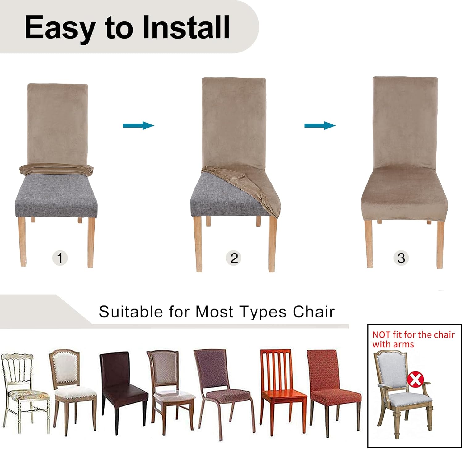 Smiry Velvet Stretch Chair Covers for Dining Room Set of 4, Soft Fit Removable Washable Kitchen Parsons Chair Slipcover Protector, Khaki