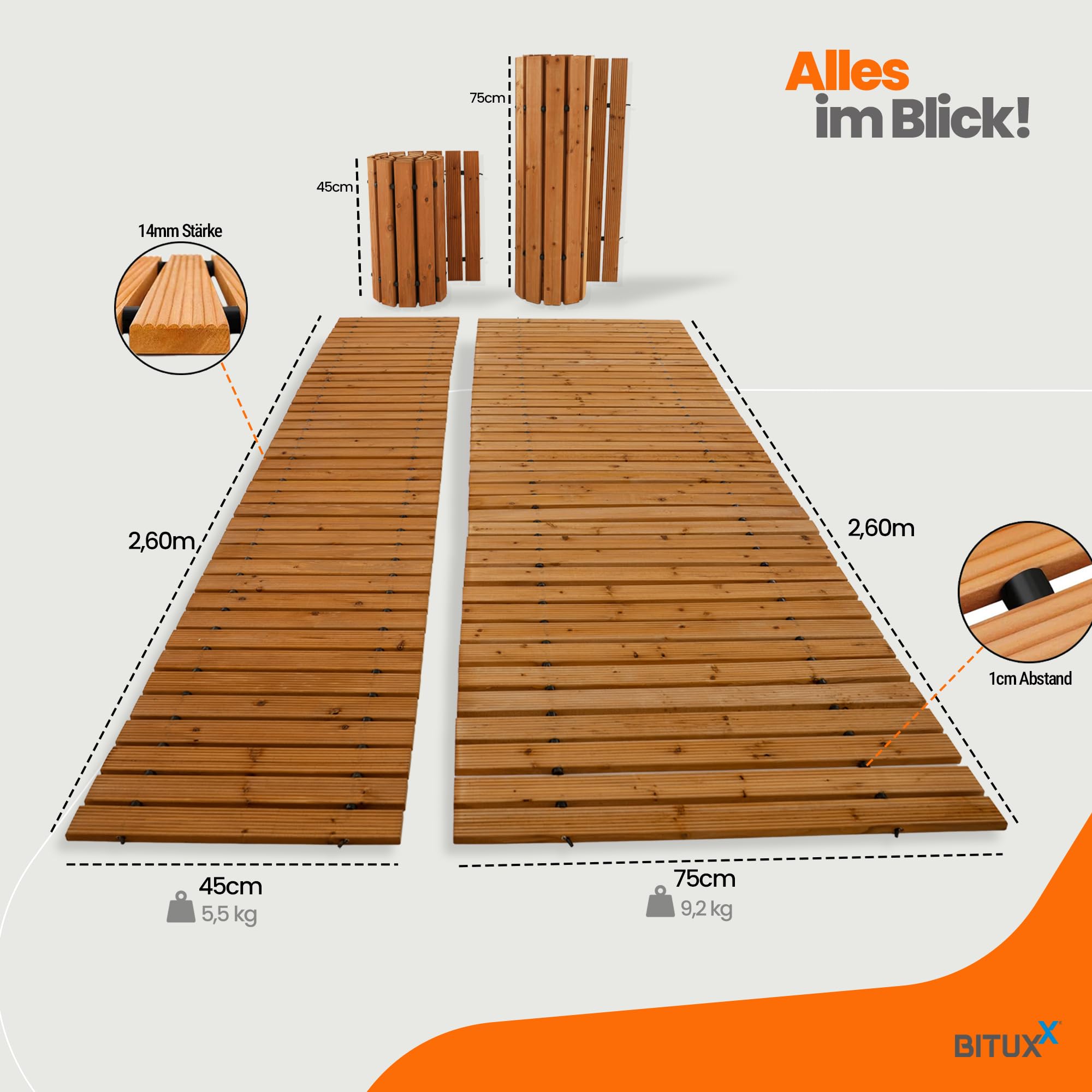 Bituxx Rollweg Holz Holzweg Gartenweg Gehweg Trittplatten Gartentritte Zedernholz ausrollbar 250x75cm