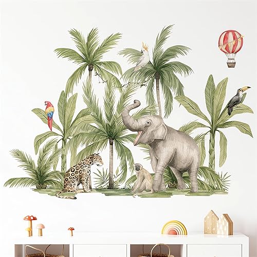 Miniatura 3 de Calcomanías de pared de animales de selva tropical, selva tropical, elefante, mono, loro, leopardo, calcomanías de pared removibles de vinilo para