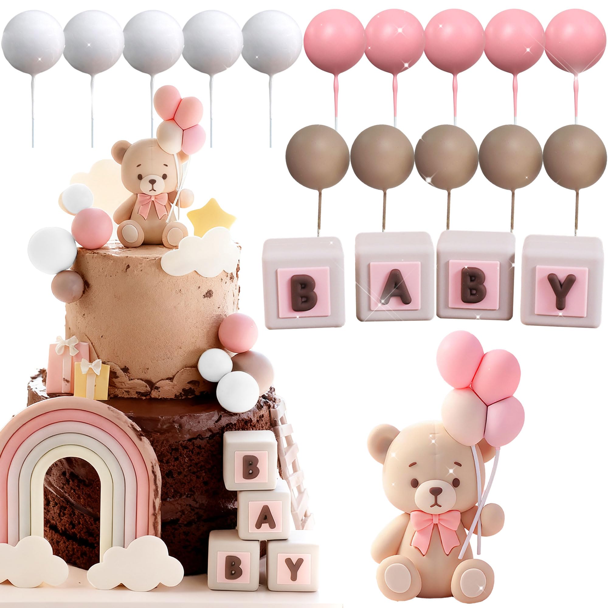 Pink Bear Cake Decoration Pink White Balls Cake Topper Bears Baby Shower Birthday Party Decoration