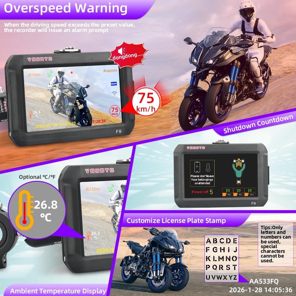 VSYSTO Dashcam per moto WiFi a tre ruote, 3 sensori di pressione pneumatici, schermo da 4'', grandangolo 150°, visione notturna Starlight, modalità di visualizzazione assistita Sistema DVR moto
