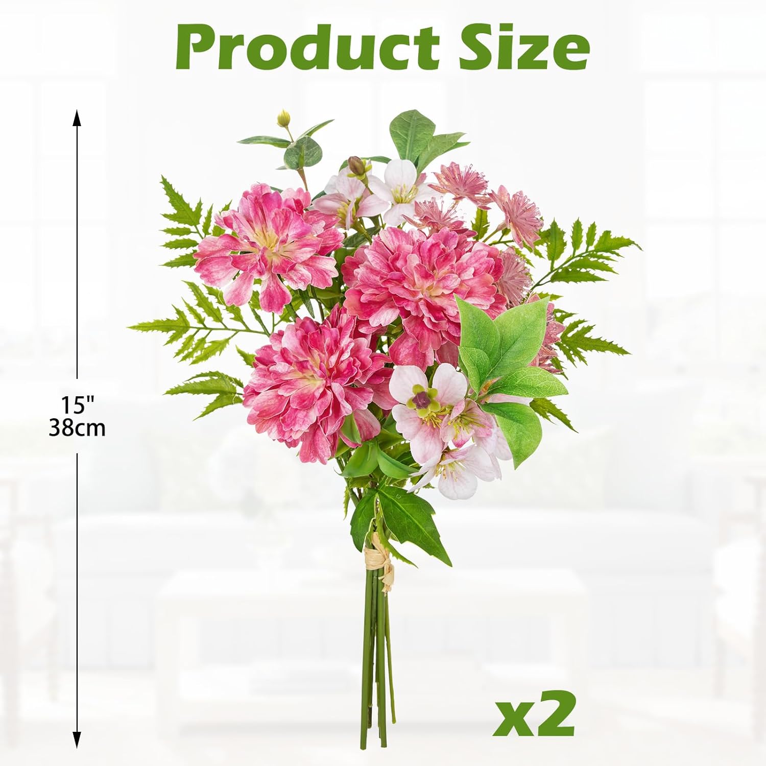 Hollyone 2Pcs Dahlia Artificial Flowers Bouquets Pink Fake Spring Wildflowers Silk Floral Arrangements Wedding Bride Bouquets Faux Flowers for Home Kitchen Office Table Centerpieces Wedding Decor
