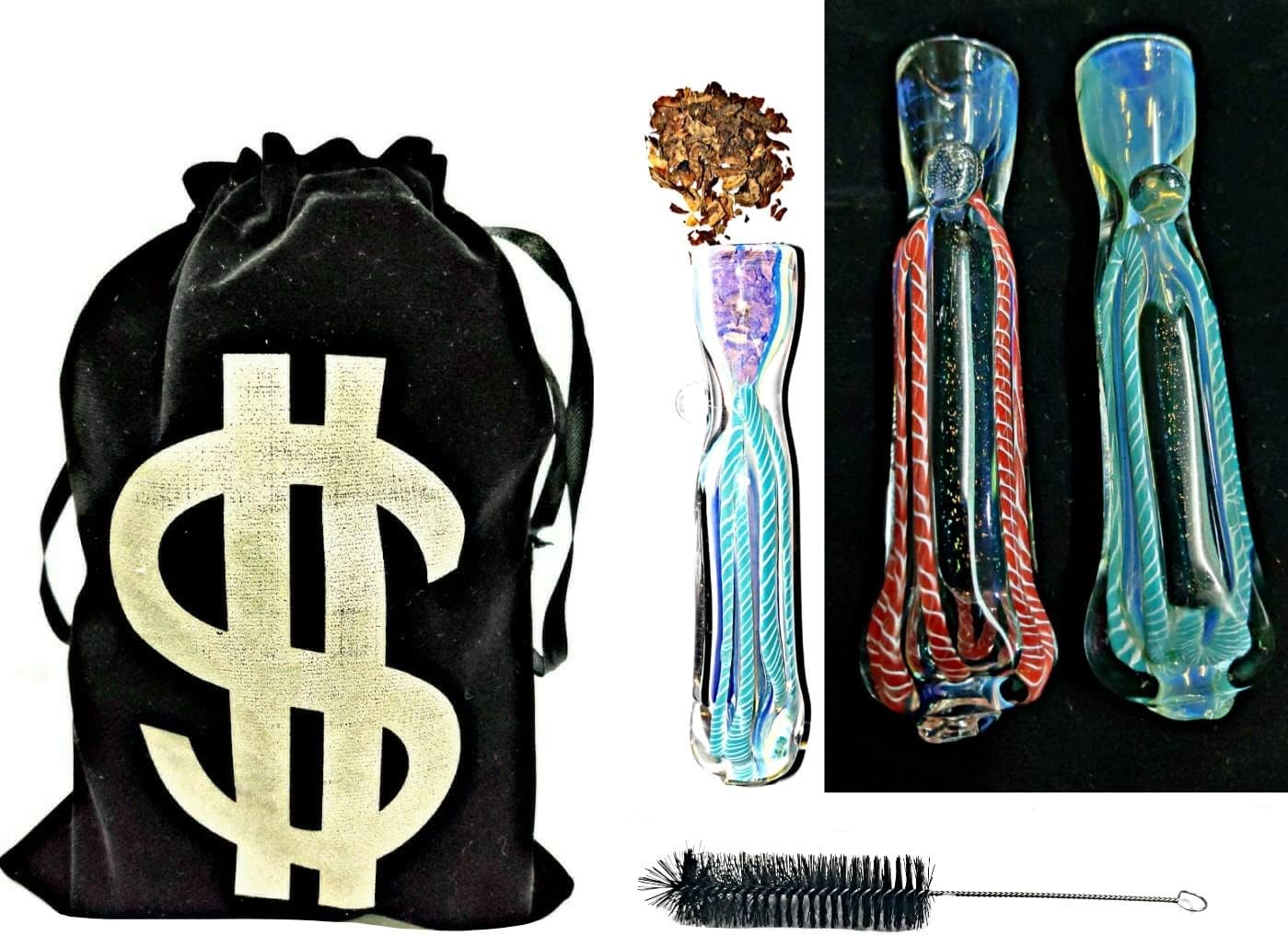 Glass One Hitter (Chillum 2 Pieces Combo Pack) Dichroic Color Art Jewels Pipe for Weed and Tobacco 3 Inch Including Accessories & Velvet Pouch