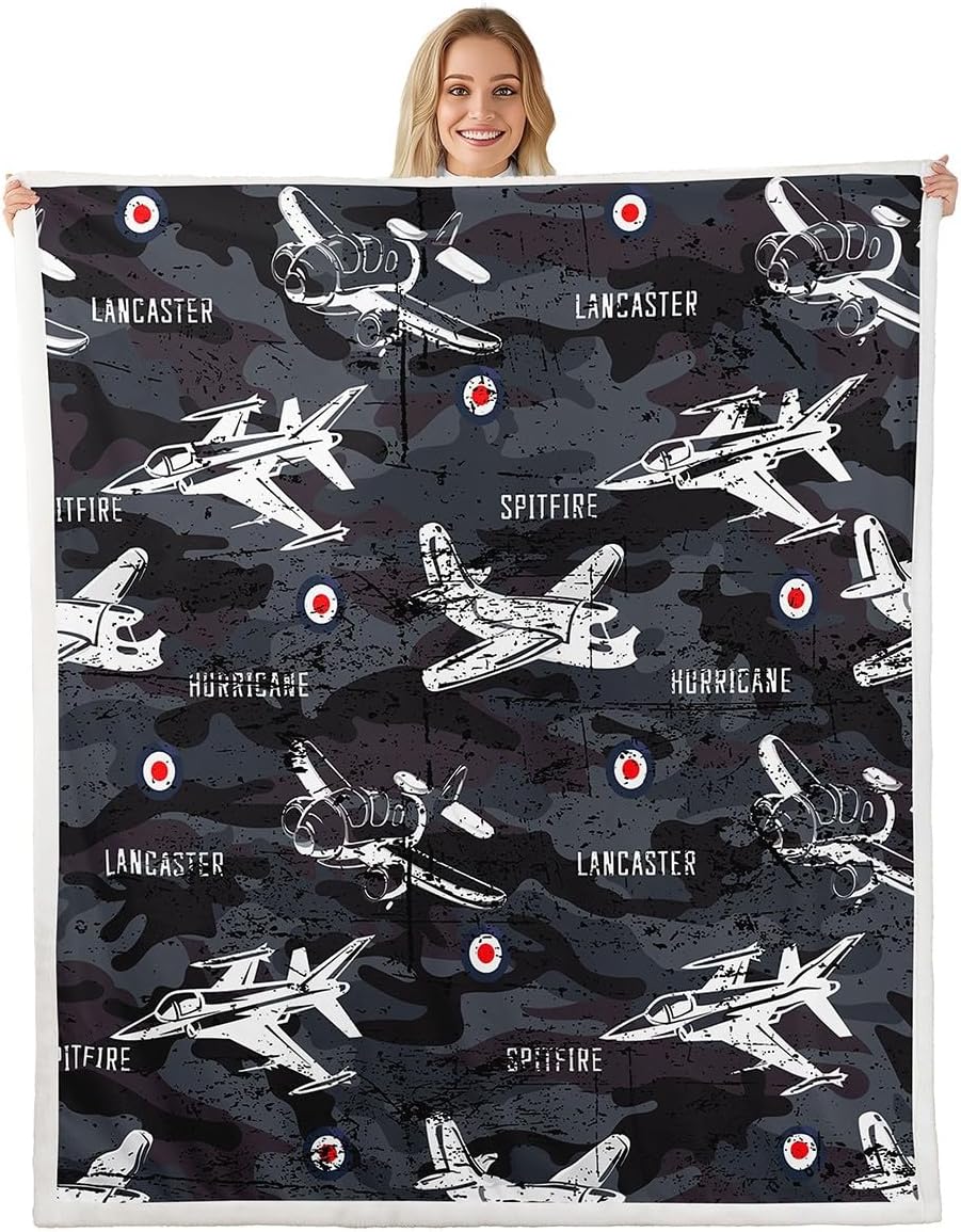Aircraft Fleece Throw Blanket for Boys Girls Kids Army Camouflage Plush Blanket Helicopter Flying Plane Sherpa Blanket Colorful Camo Military Theme Fuzzy Blanket for Sofa Bed Couch, 40x50 Inch
