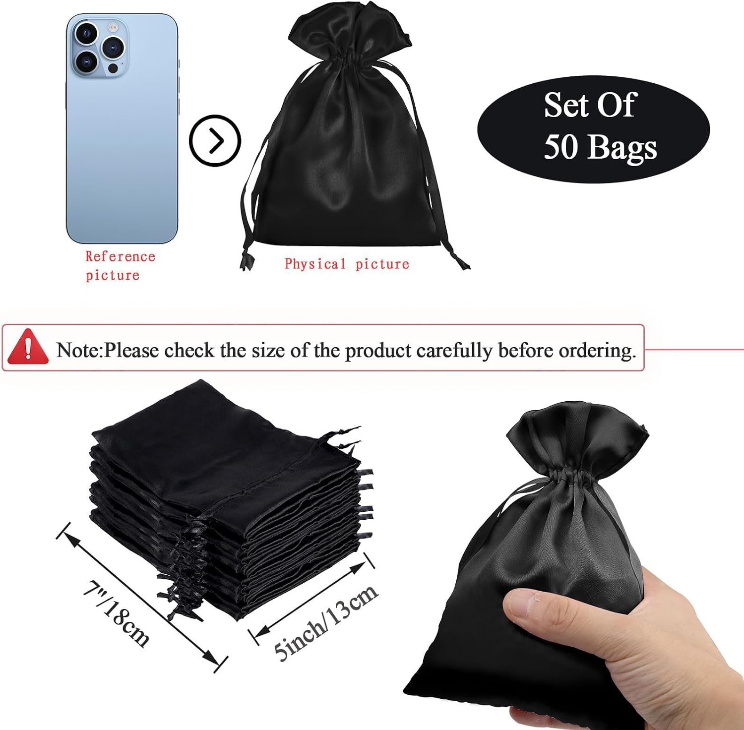 50 Pack 5X7 Black Satin Bags Small Gift Bags, Jewelry Drawstring Pouch, Wedding Favor Bags, Party Favor Bags,Satin Gift Bags image 2
