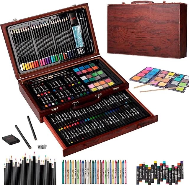 Art Set for Kids, KINSPORY 146PCS Art Kits for Kids, Deluxe Painting Wooden Box Art Set, Coloring Drawing Art Supplies Case Gift for Artists Teens Adults Boys Girls 4 5 6 7 8 9 10 11 12 (Brown)
