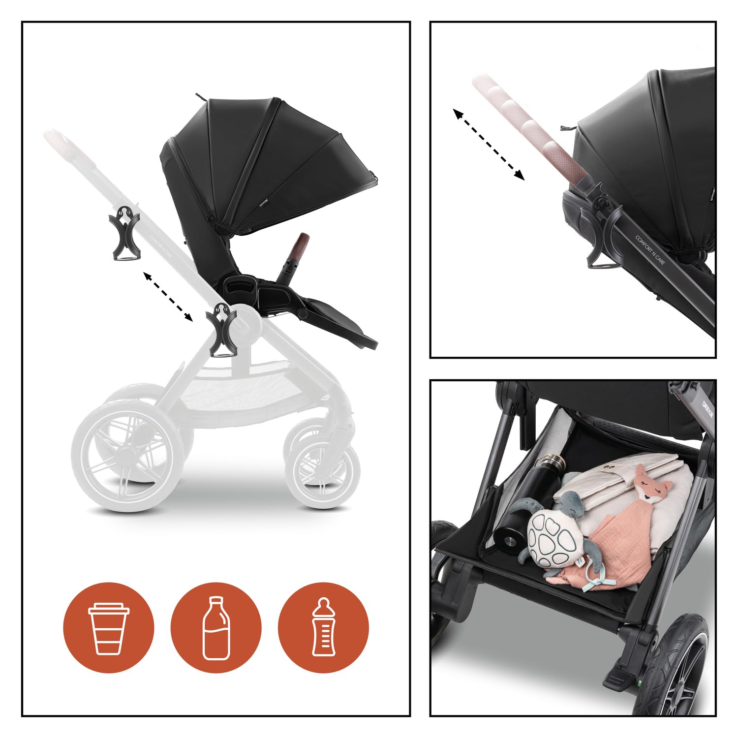 hauck Poussette Compacte, Couvre Jambes et Canopy XL, Comfort N Care Black | Grandes roues caoutchouc, poignée réglable, siège réversible, UPF 50+, position allongée dès la naissance à 22 kg / 4 ans