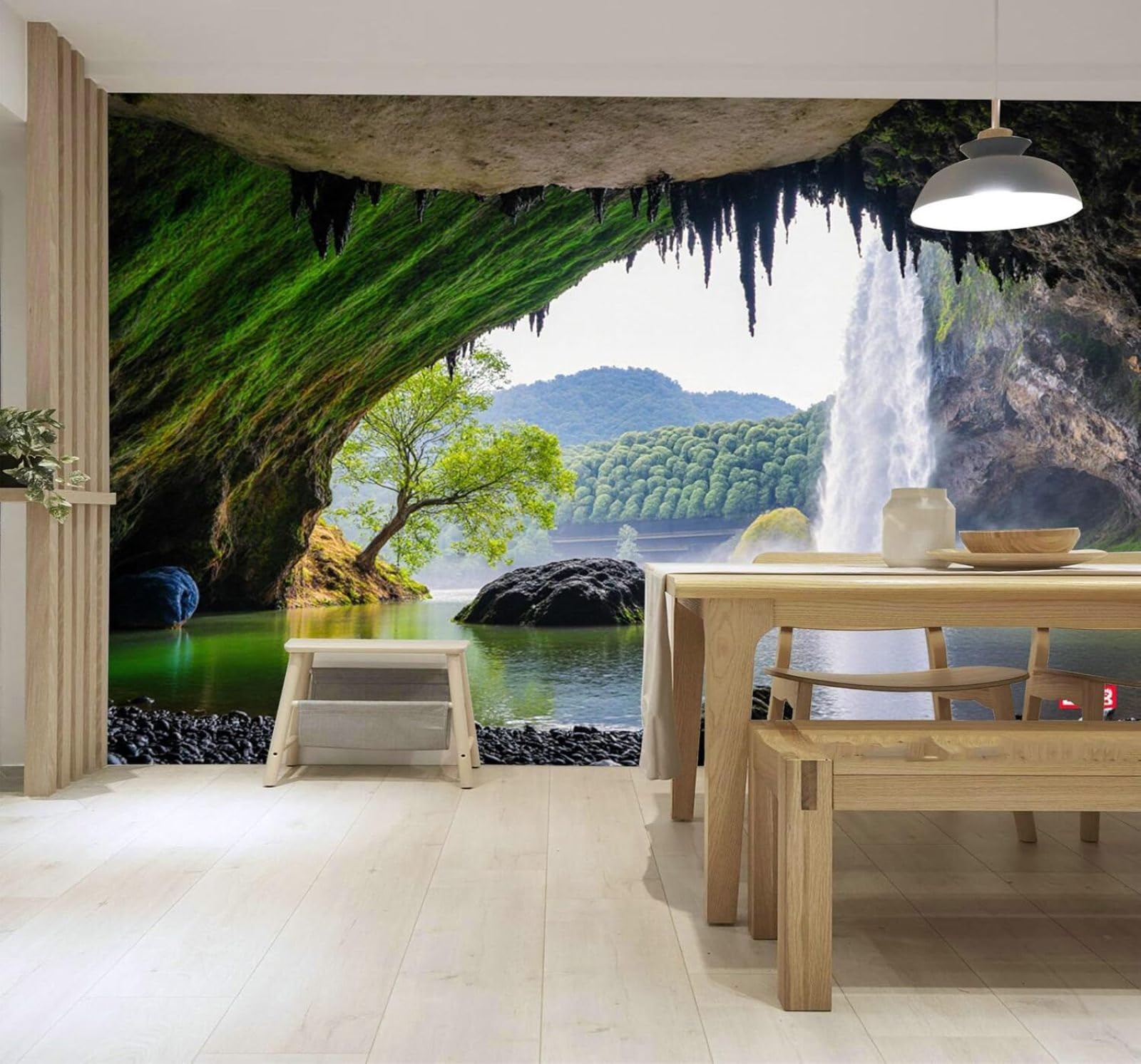 XLMING Cave Waterfall River Green Forest Landscape 3D Wallpaper Silky Texture Home Study Office Grey Dining Room Sofa Bedroom Living Room TV Backdrop-300cm×210cm
