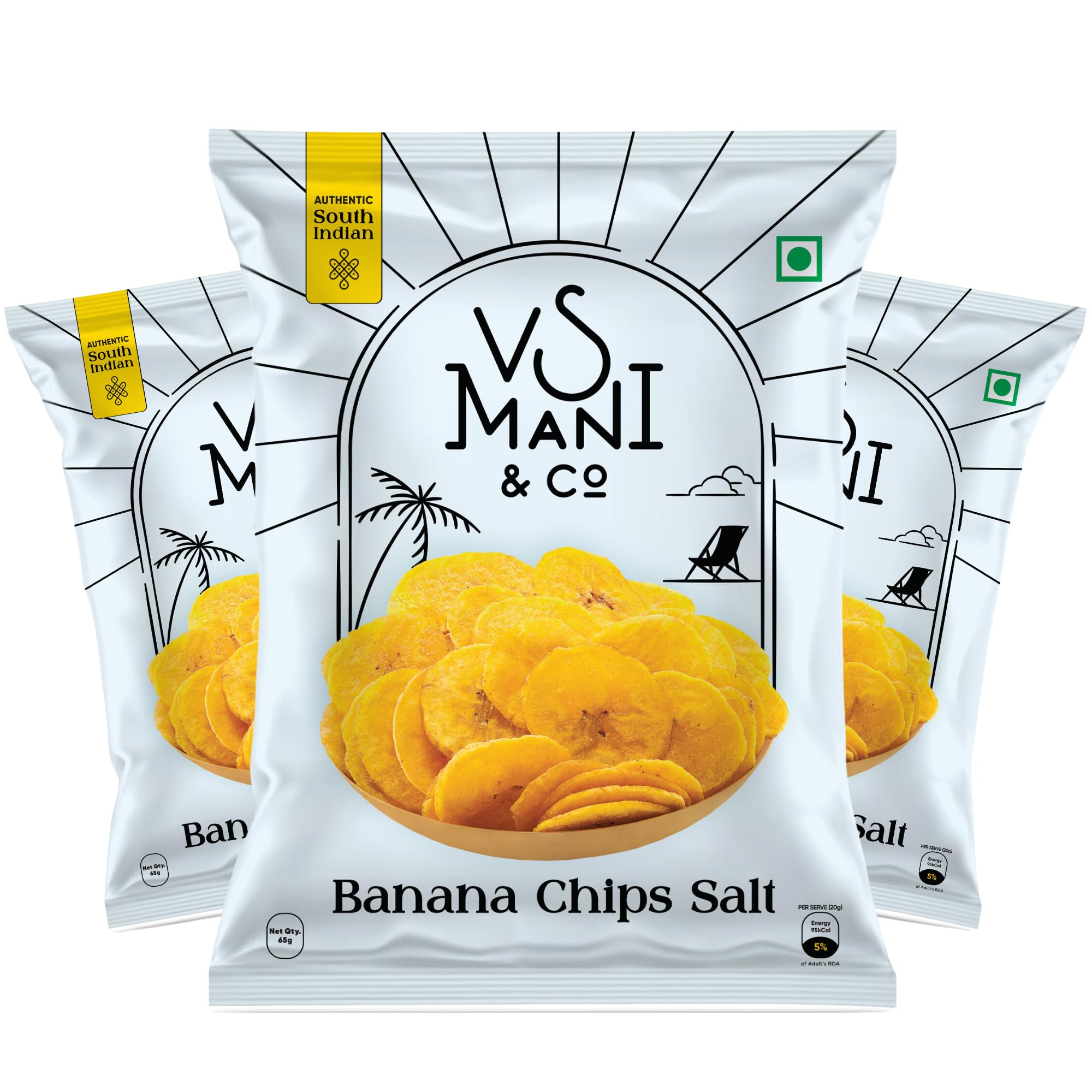 VS Mani & Co Authentic South Indian Salted Banana Chips | Crispy Banana Chips | Wafer | Tasty Snacks | Ready to Eat (Pack of 3) 65 Gm Each