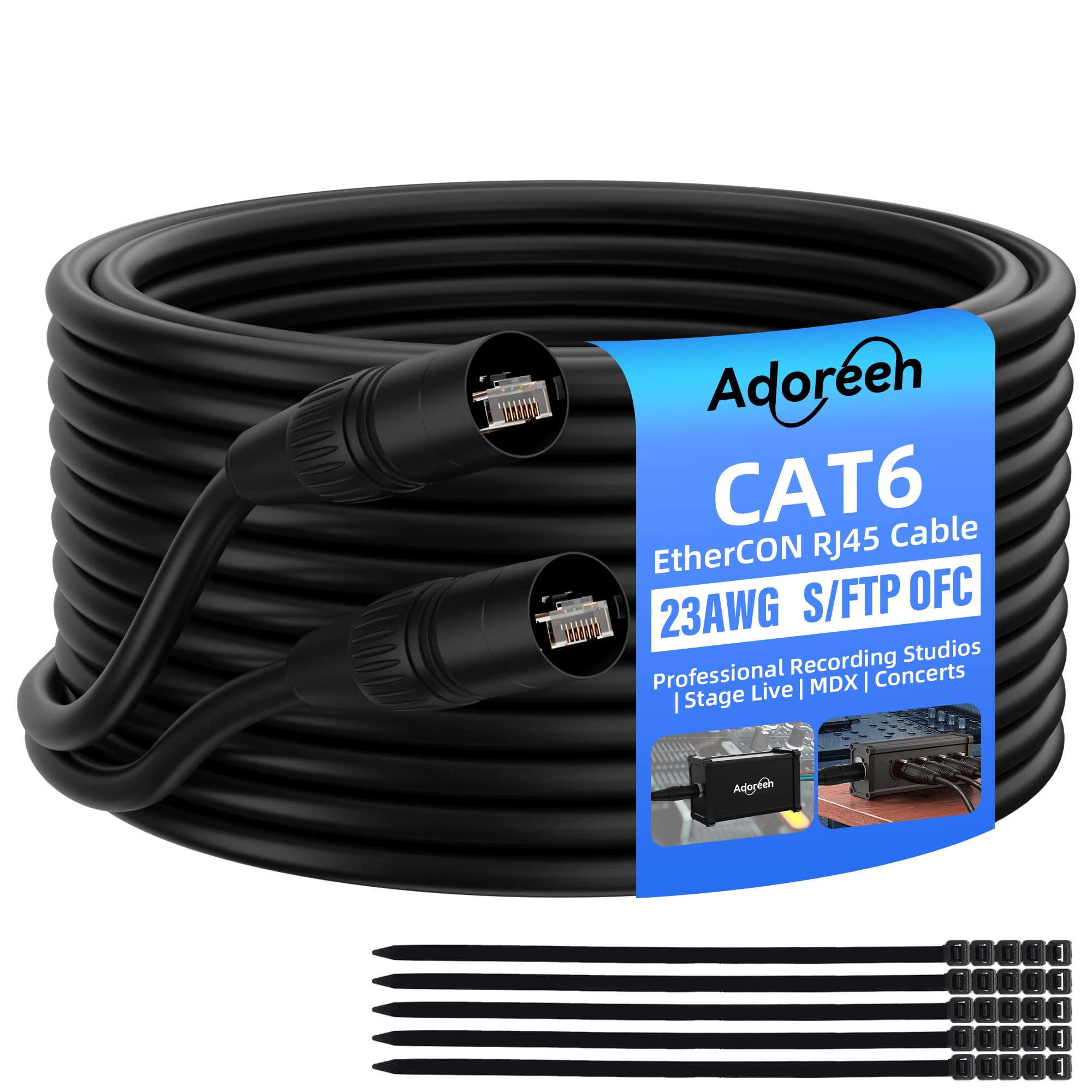 Adoreen Shielded Cat 6 Ethernet Cable 50 Ft EtherCON-Compatible RJ45 Connectors, 23 Gauge OFC EtherCON Cable, S/FTP, PVC&UV Jacket, Indoor&Outdoor for Pro Audio& Lighting, Video, Networking+Ties