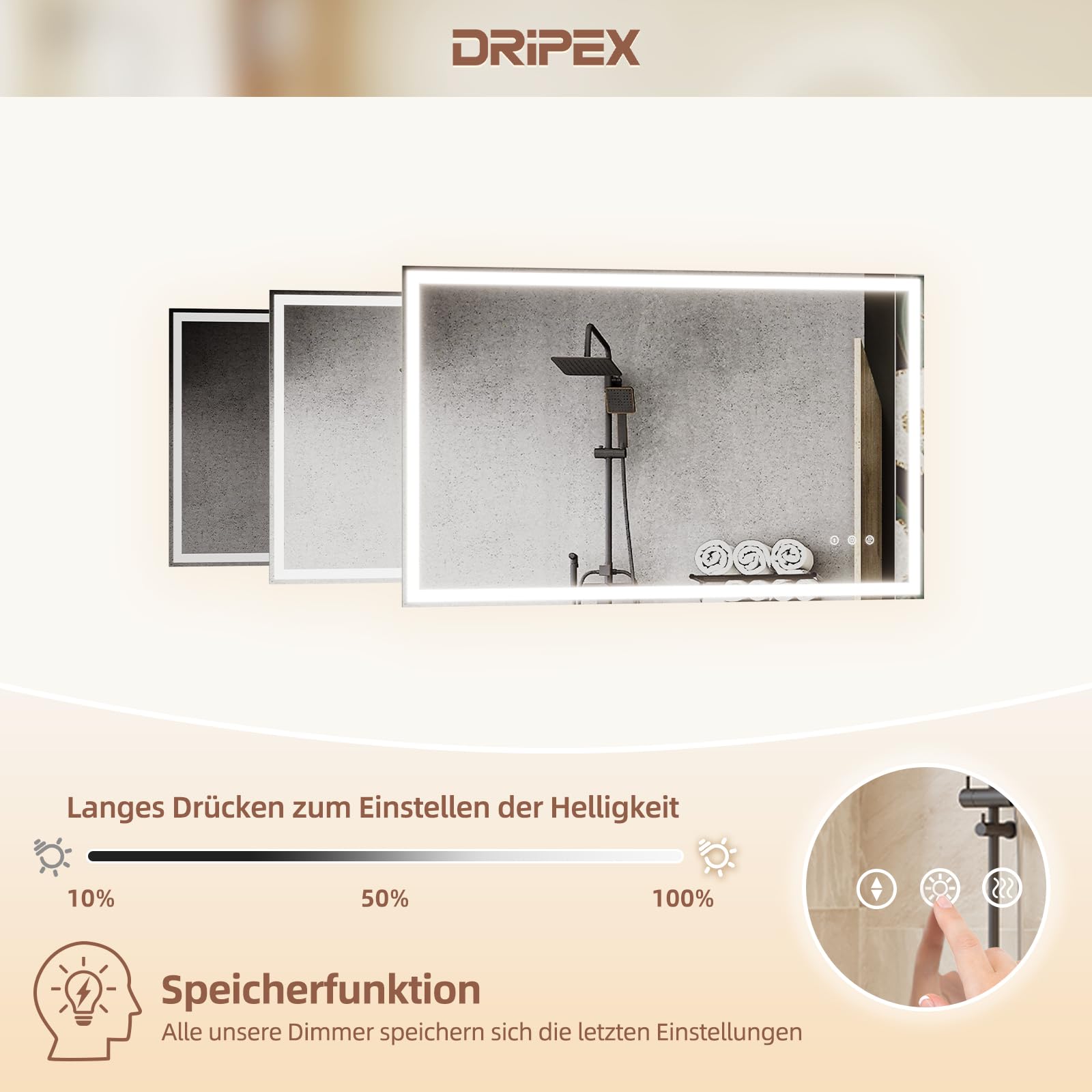 Badezimmerspiegel Led Badspiegel, Speicherfunktion, Touch-Schalter, Druckknopf, Dimmbar, 3 Lichtfarbe Einstellbare Spiegel Bad mit Beleuchtung, Badspiegel mit Wandspiegel, Beschlagfrei 60x100 cm